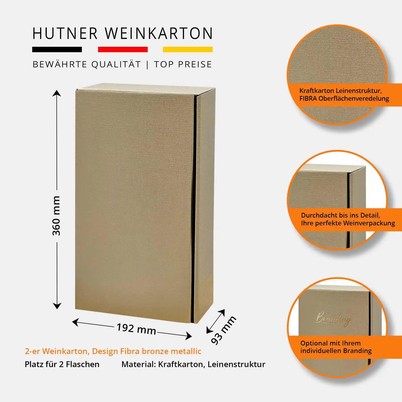 25 x Geschenkkarton für Weinflaschen, extra hochwertige Leinenstruktur mit FIBRA Oberflächenveredelung, Präsentkarton Wein in bronze, 2er