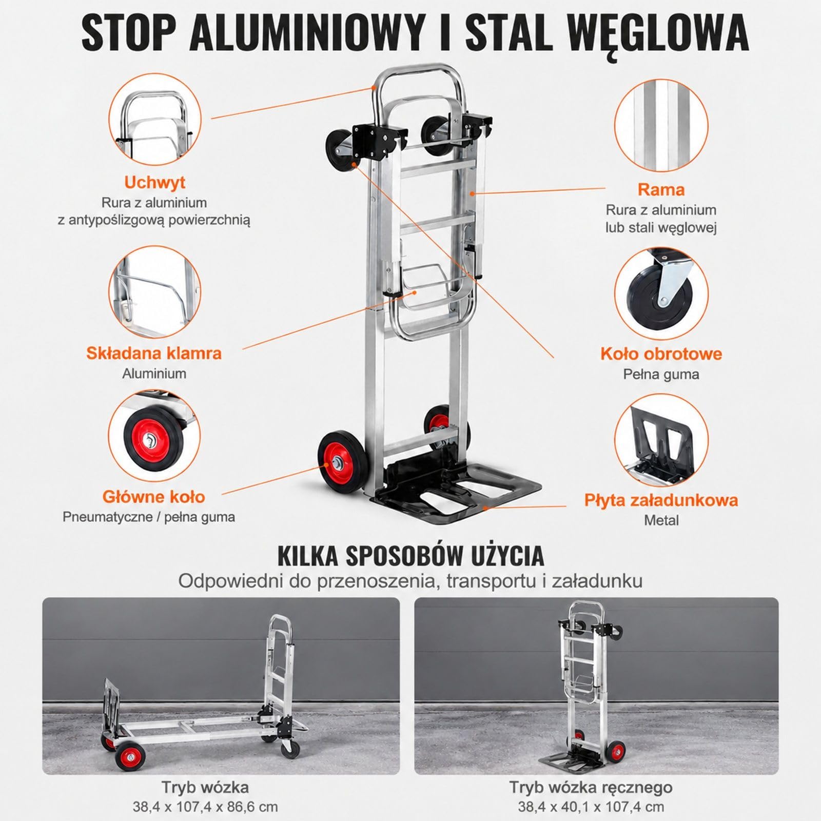 Składany wózek transportowy 2 w 1 z aluminium i stali węglowej, wózek ręczny i platformowy, udźwig 113/181 kg, gumowe koła, do użytku wewnątrz i na zewnątrz