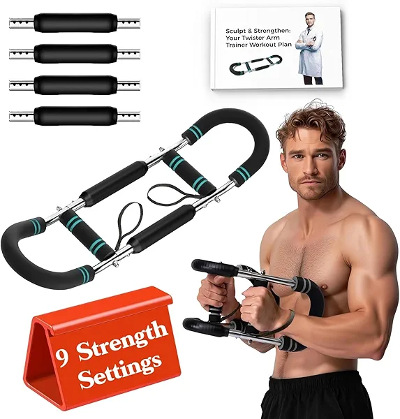 2025 Upgraded 9 Resistance Levels(20-140LBS) Adjustable Twister Arm Trainer with 4 Springs & Workout Poster – Chest Trainer, Arm Trainer, Chest Exerciser for Men, Compact Chest Workout Equipment