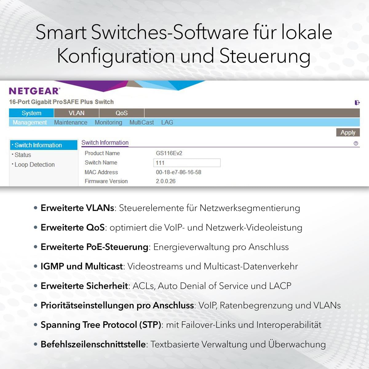 NETGEAR 28-Port PoE Gigabit Ethernet Smart Switch (GS728TP): Managed, optionales Insight-Cloud-Management, 24 PoE+ bei 190 W, 4 1G SFP, Desktop- oder Rack-Befestigung