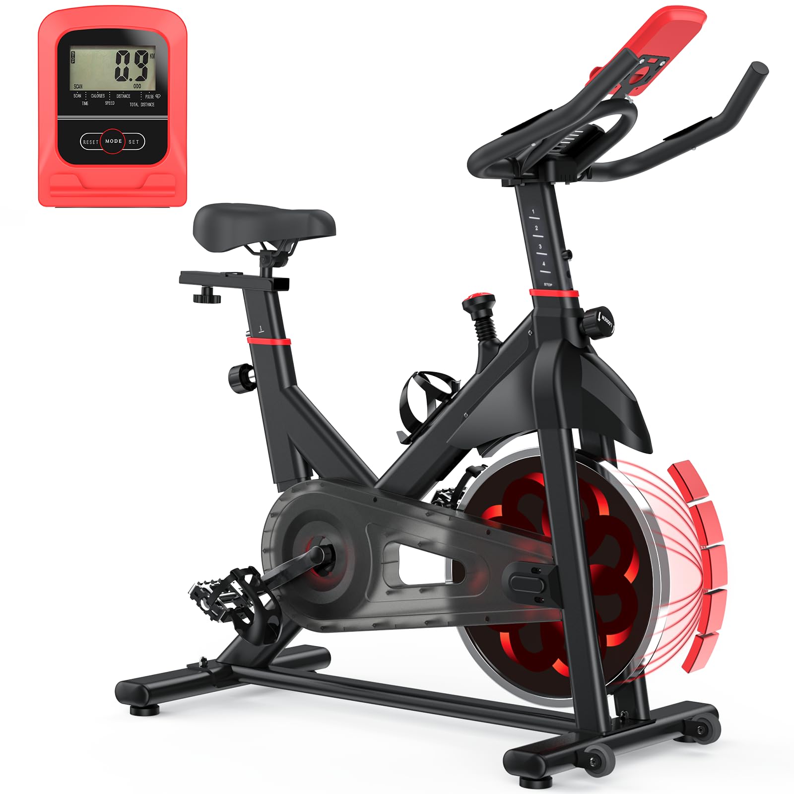 Stationary Exercise Bike, Indoor Cycling Bike with Slient Flywheel, LCD Monitor, Comfortable Seat, Indoor Cycling Bike for Home Training Cardio, Black Red