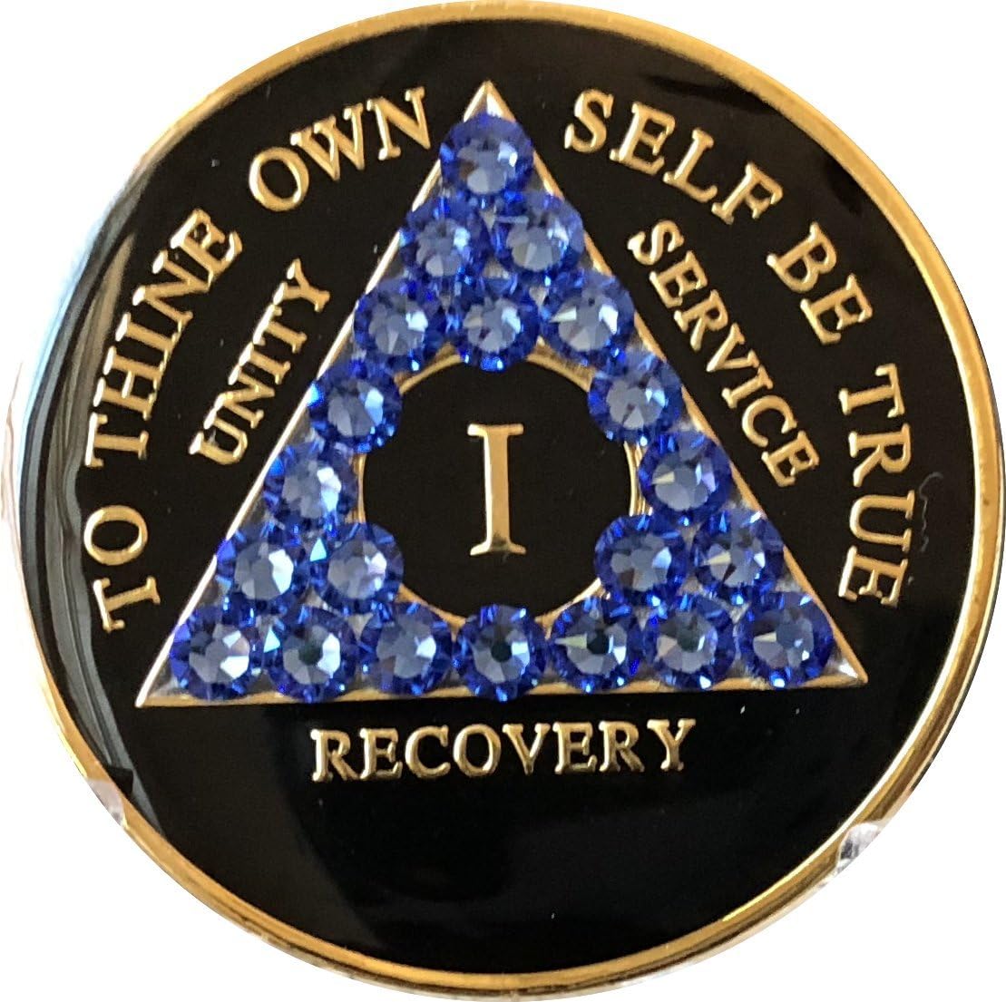 1-50 Year AA Medallion Black Tri-Plate Blue Sapphire Color Crystal Chip