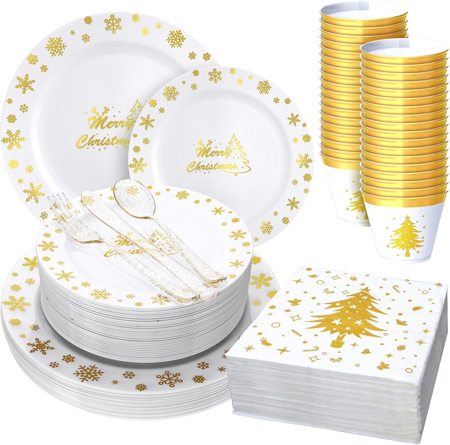 Sliner 400 Pcs Christmas Plastic Dinnerware Set Includes 100 Disposable Christmas Plastic Plates 100 Christmas Tree Napkins 50 Cups 50 Forks 50 Knives and 50 Spoons for 50 Guests Christmas Party