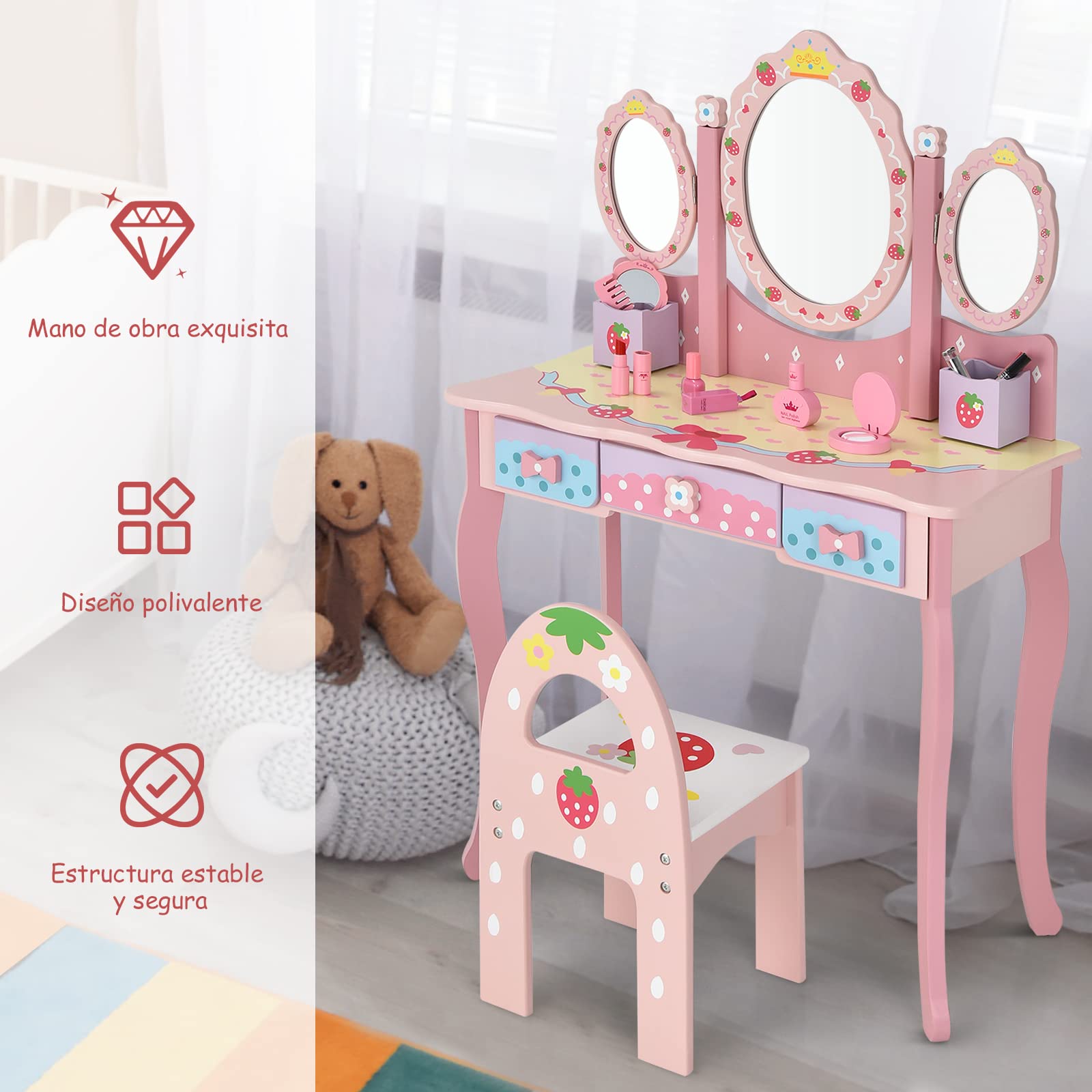 COSTWAY Tocador con Espejo Tripartido para Niños, Mesa de Maquillaje 3 Cajones 2 Cajas Taburete (Rosa)