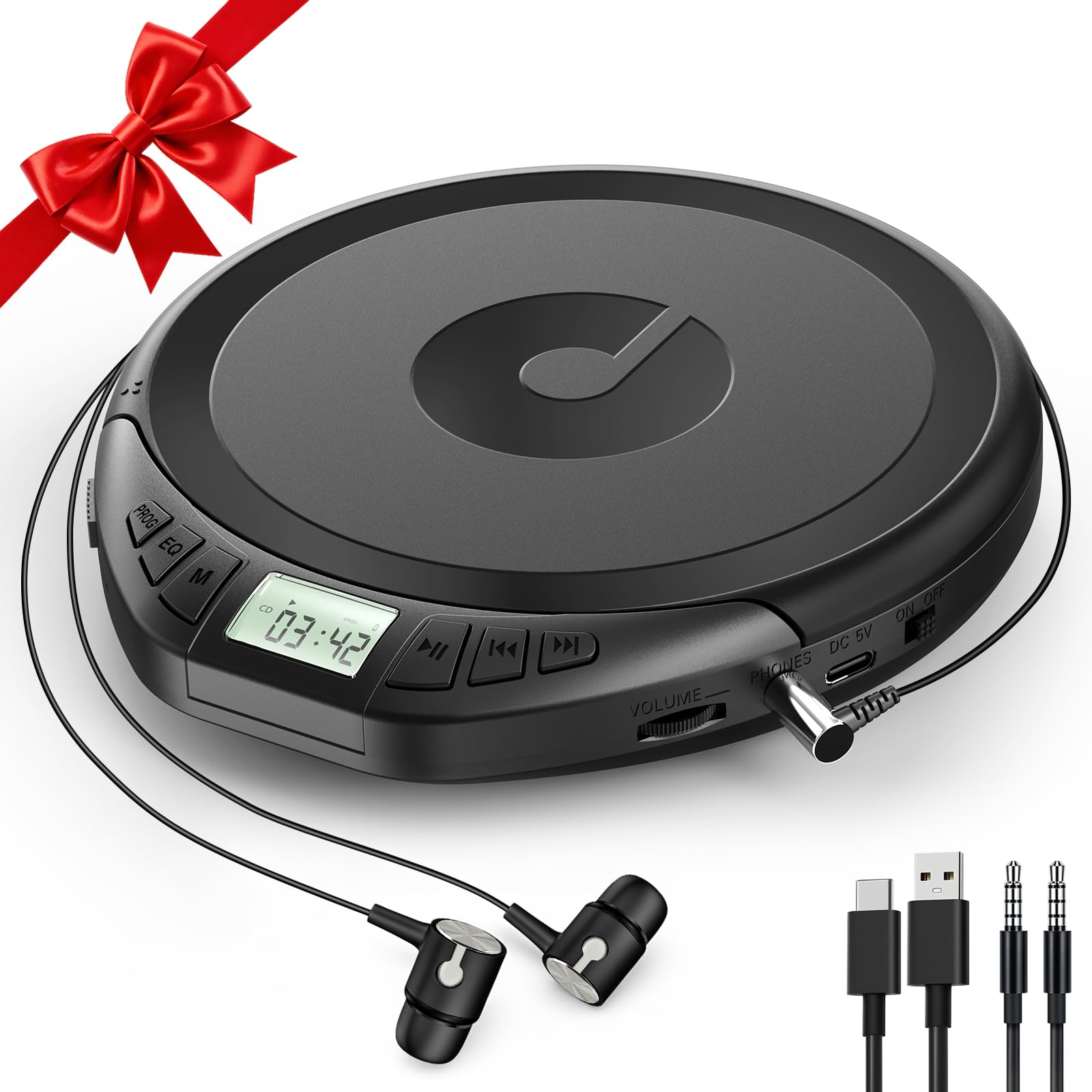 Portable CD Player for Car: Kegaudio with Earphones Anti-Skip & LCD Display Personal Disc Player for Car & Sports Supports MP3/WMA, PROG & Memory Function