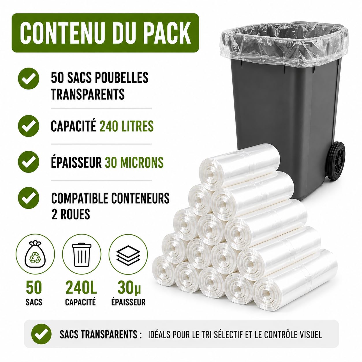Bolsa de basura transparente de 240 litros | 50 bolsas de basura 240 l | Resistente (30 µ) | Para contenedores de basura 2 ruedas | Clasificación selectiva de residuos | Protección contra fugas - Anti