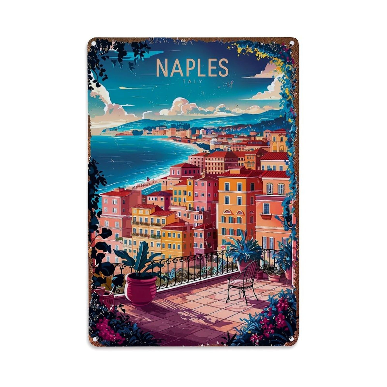 Jdfenggu Vintage Naples Italy Coastal Cityscape View Retro Metal Tin Sign, Metal Poster For Bar, Home, Man Cave, Kitchen, Laundry Room Art Decor 8X12 Inch