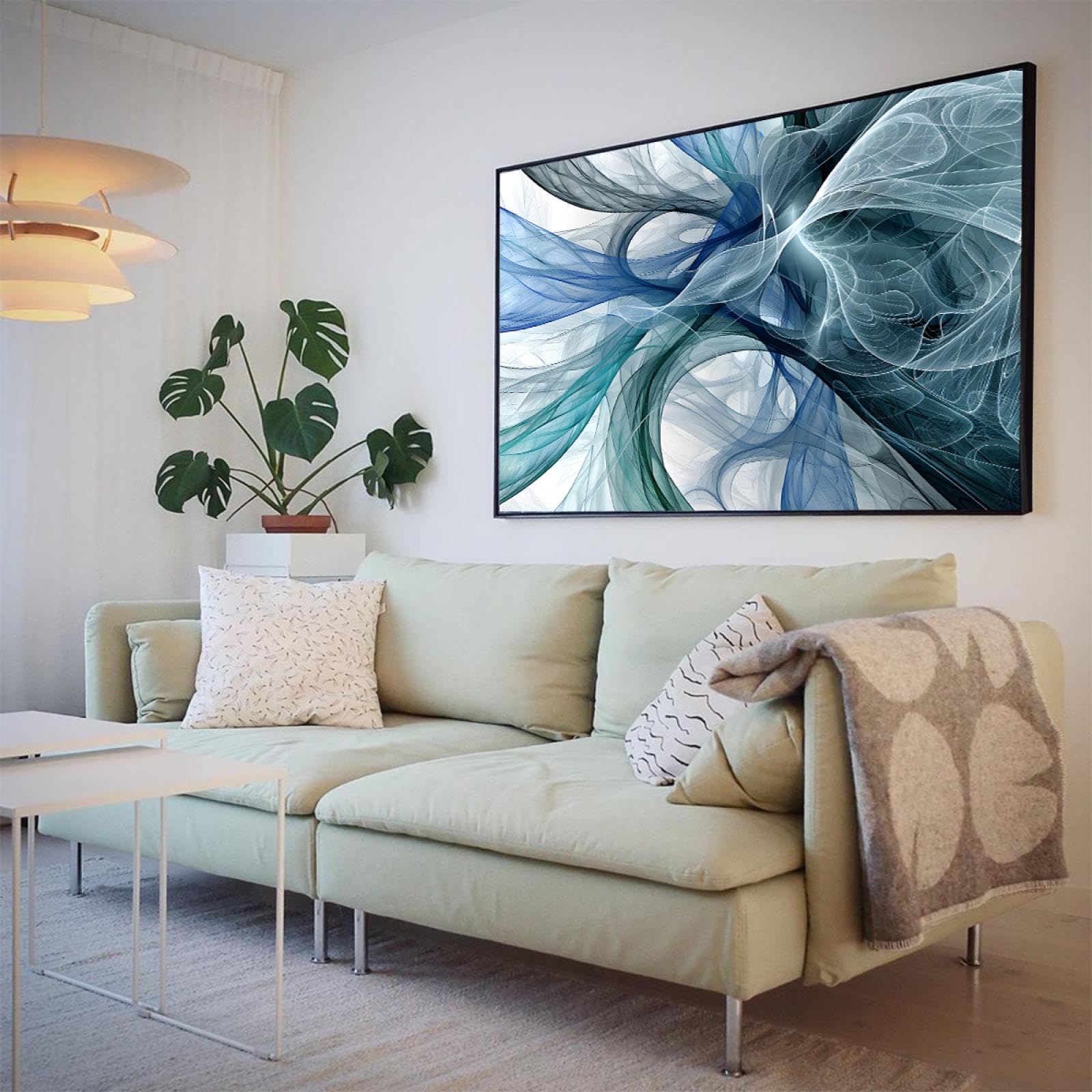 Via Vela Impression d’art mural sur toile de style moderne abstrait bleu vert lignes blanches motif volant affiche peinture oeuvre d’art musée qualité pour salon décor 66x102cm avec-cadre-noir