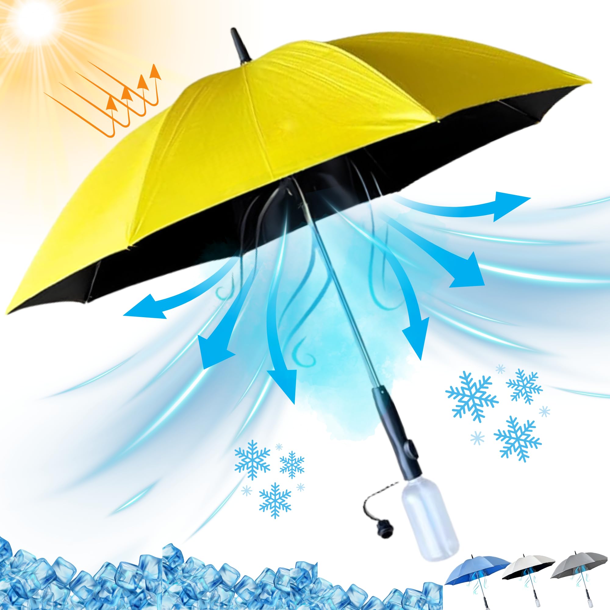 (similar ) ( color grey ) Umbrella with Fan and Mist Spray | 3 in 1 UV Blocking Sun Umbrella with Fan and Mister - Multipurpose Cooling Umbrella for Heat Protection, Summers, Golf and Walking (Battery Powered)