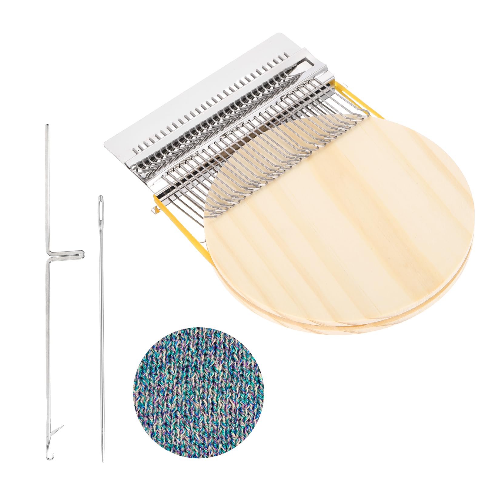 sourcing map Mini Darning Loom, 28 Hooks Wood Weaving Knitting Machine with Knitting Needles for Repair Jeans Socks DIY Craft, Knit Patch Loom Weave Tool, Silver