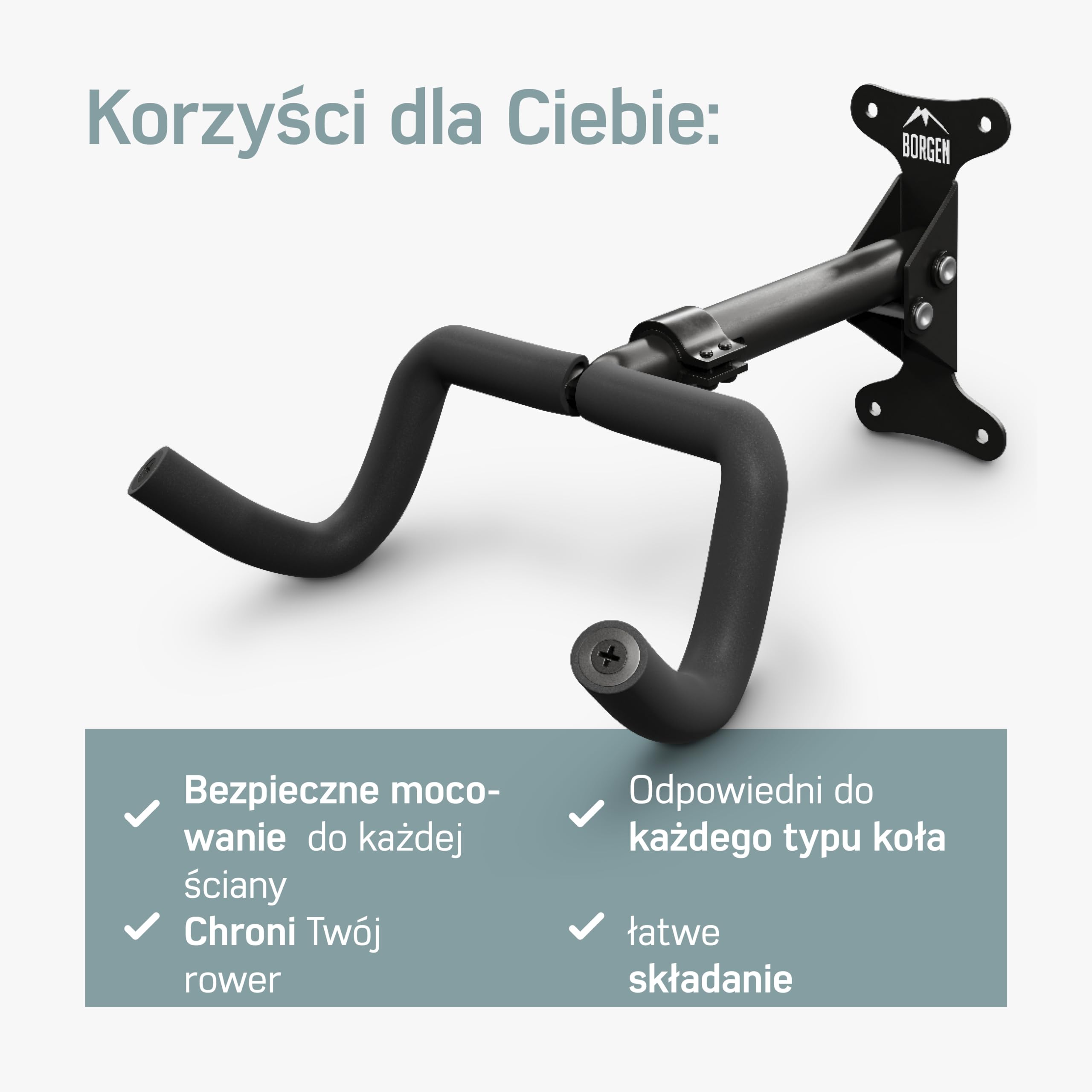 Borgen Uchwyt ścienny do rowerów Uchwyt na rower - regulacja kąta i odległości od ściany, składany, MTB, rower szosowy, uchwyt ścienny na rower - dodatkowa miękka podkładka.