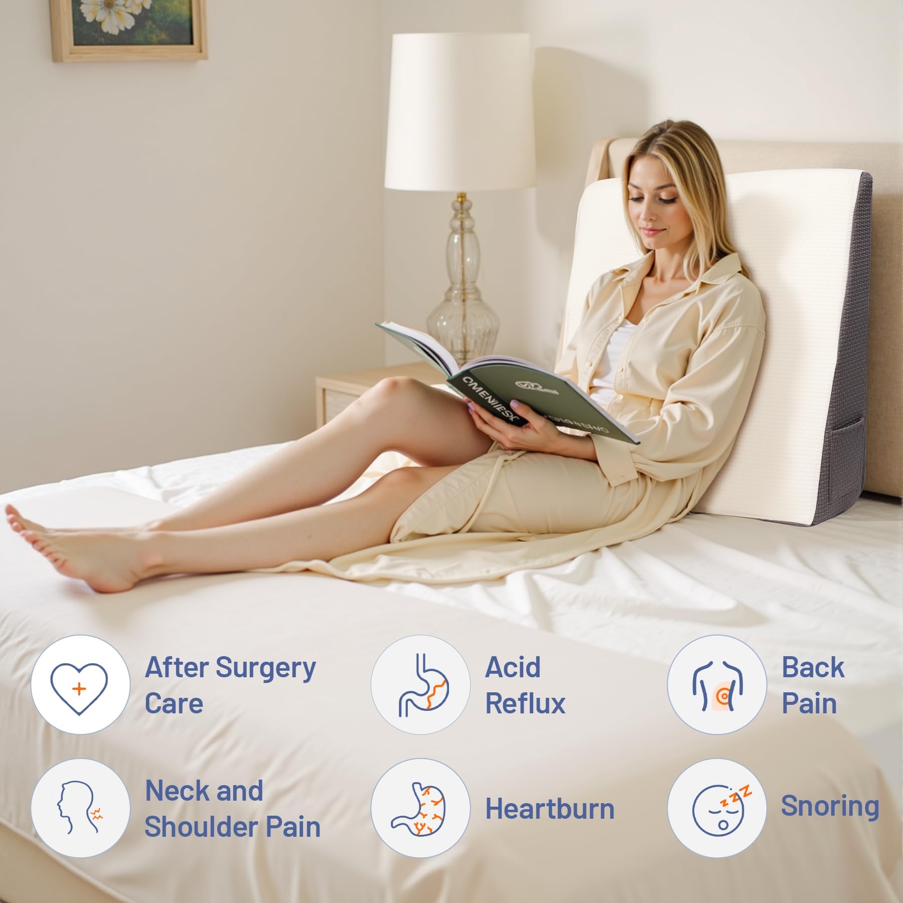 Exsnugy Cuscino a cuneo triangolare rialzato da 19 cm, per alleviare il reflusso acido, per dormire, post chirurgia, sollievo dal mal di schiena, russare, in morbida memory foam e fodera lavabile e