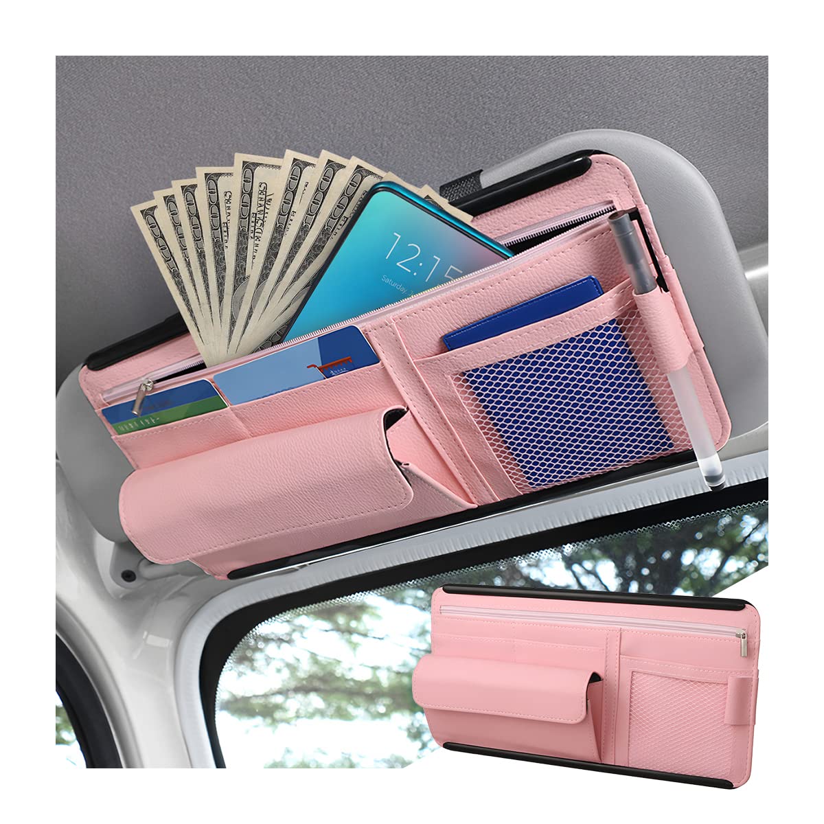 Car Sun Visor Organizer, Car Visor Pocket Wallet Pouch Holder, Vehicle  Sunshade Glasses Case Storage Bag with Multi-Pocket Net Zipper, Auto  Interior