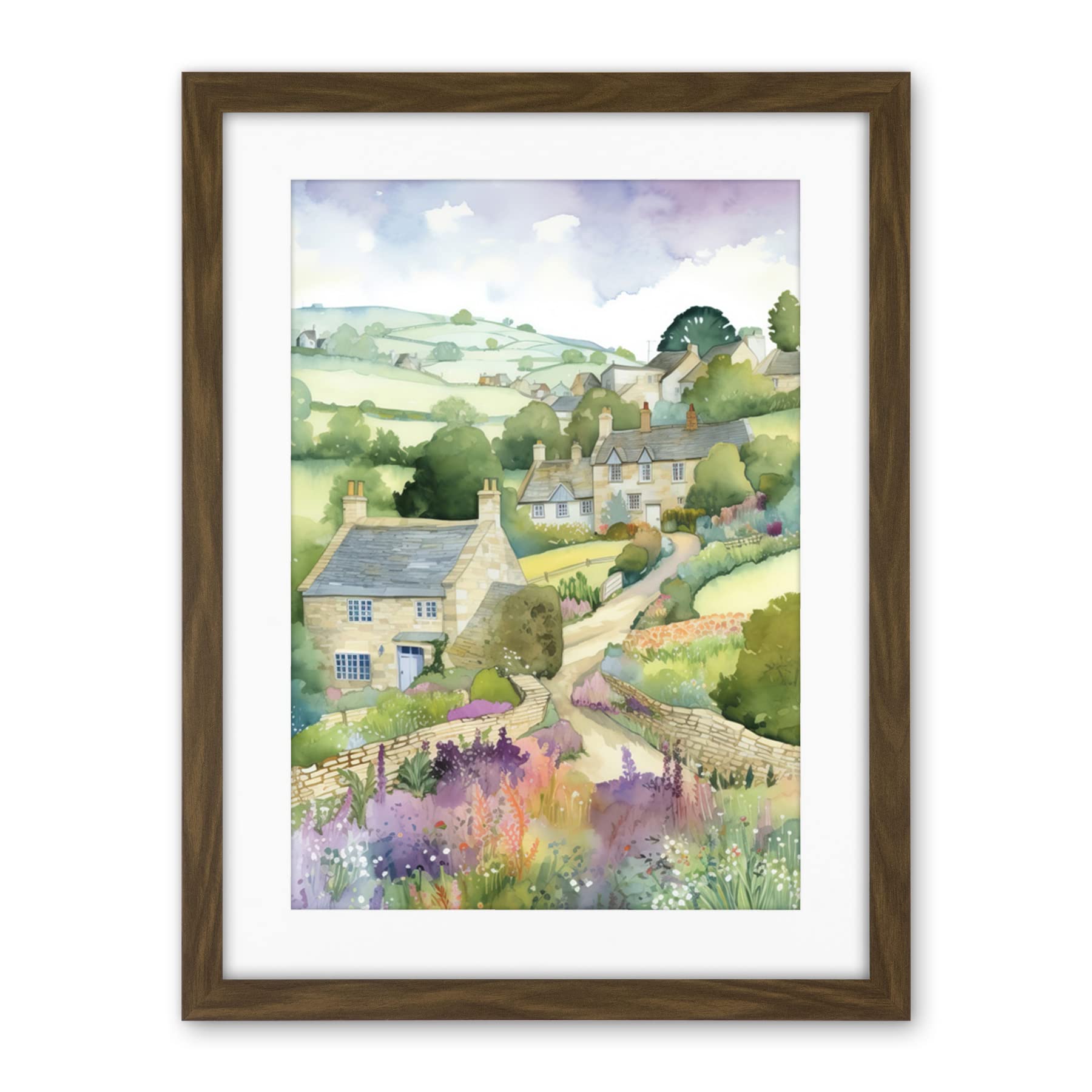 Artery8 Countryside Spring Landscape with Cottages Modern Watercolour Painting Artwork Framed Wall Art Print 18X24 Inch