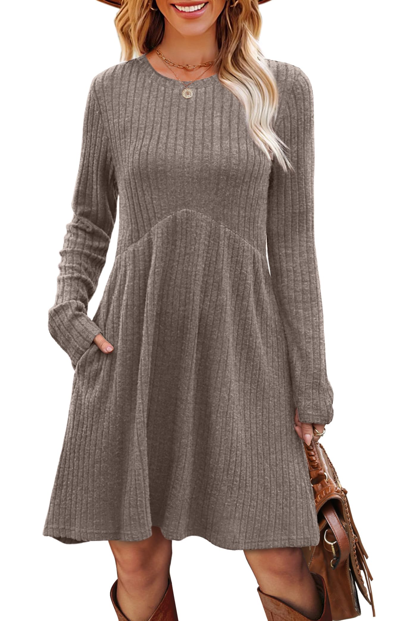 OFEEFAN Long Sleeve Dress for Women Crew Neck Empire Waist Tunic Dress with Pockets: Coffee XX-Large