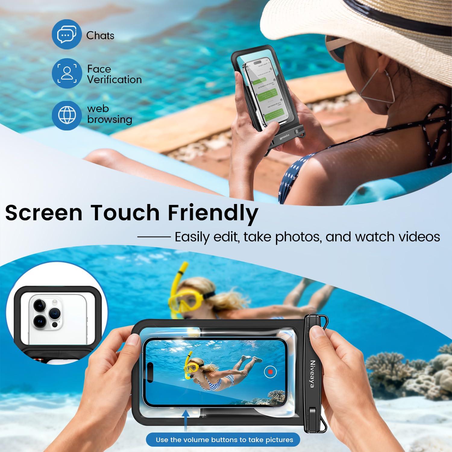 Niveaya [Bolsa Flotante Impermeable para teléfono, 2 Paquetes de hasta 8.5 Pulgadas, Gran Espacio Ajustable para el Cuello, Funda Impermeable para teléfono, Bolsas secas para Vacaciones, Playa,