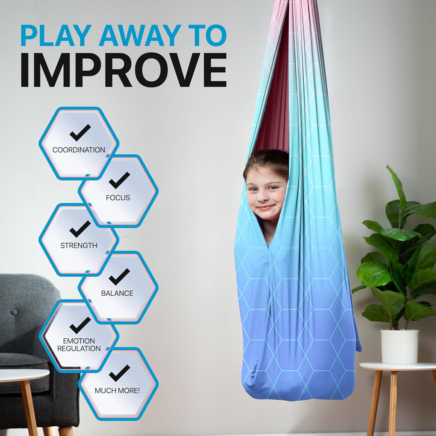 Indoor Sensory Swing for Kids or Outdoor – Holds 300lbs, Double-Layer, & 360° Swivel, Calming Compression Therapy Swing Hammock for Kids & Adults with All Hardware – Sensory-Motor Toys & Gifts