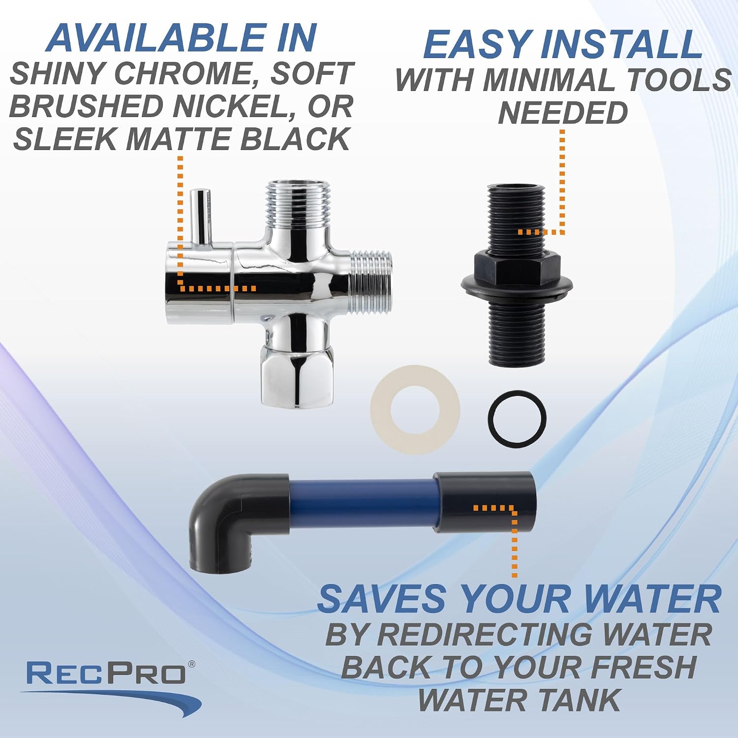 RecPro RV Showermiser Kit (Chrome) | Saves Water | Redirects to Freshwater Tank While Shower Heats Up | Color-Changing Tube Indicates Hot Water