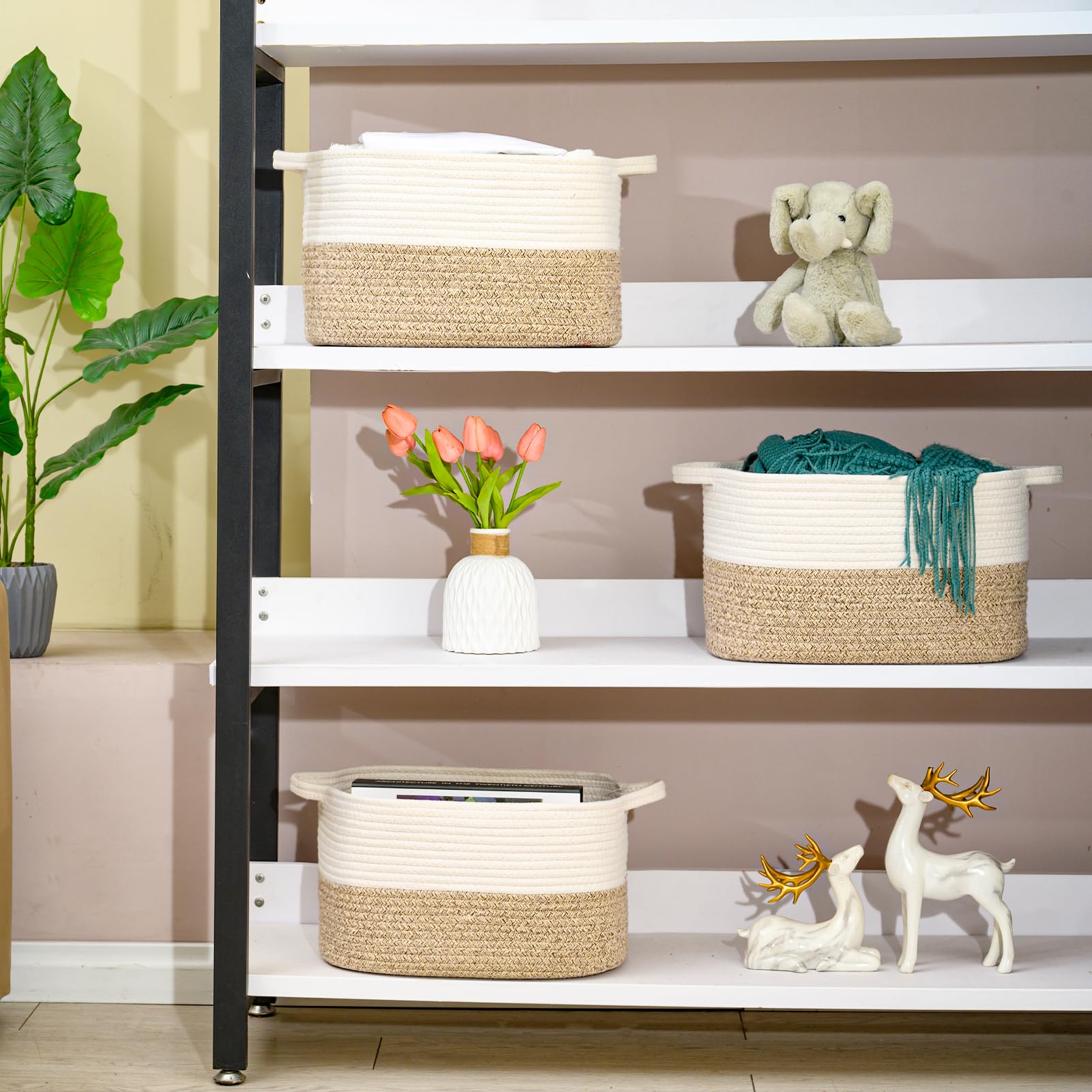 Lot de 3 paniers de rangement tissés en corde de coton - Utilisés pour les paniers cadeaux - Panier à linge pour enfants - Dimensions : 38 x 25 x 22 cm