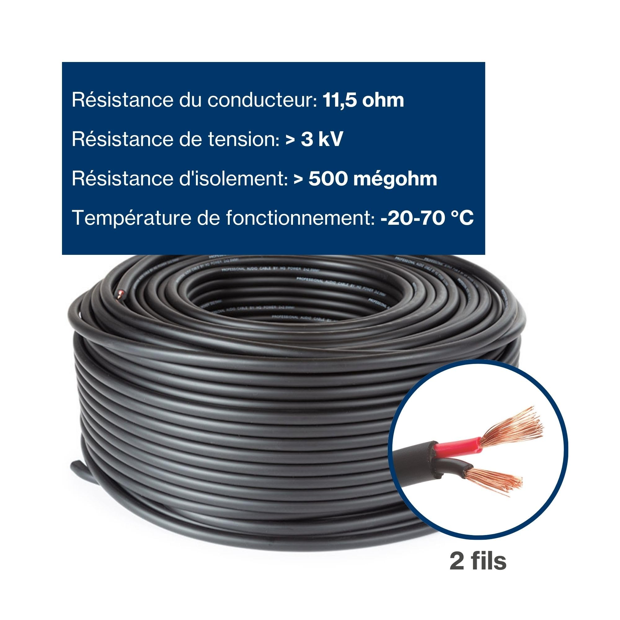 HQ-Power Câble haut-parleur 2x2.50mm², 100 mètres, noir, rouleau, cuivre OFC pur pour systèmes audio 100 V/PA, installation hi-fi, transmission sonore professionnelle de qualité