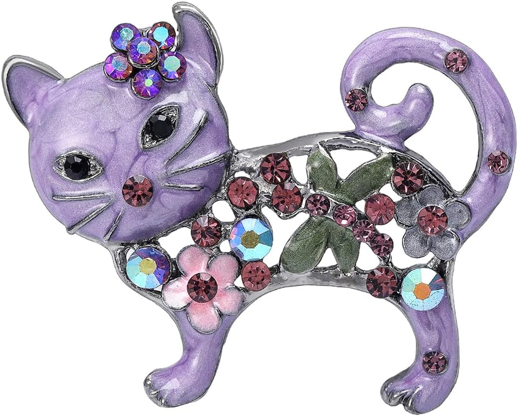 Enamel Rhinestone Cat Brooch Floral Crystal Pin For Women Vintage Animal Lapel Jacket Coat Scarf Bag Accessory Sparkly Costume Jewelry Multicolor
