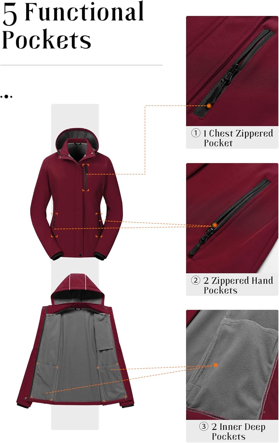 Pursky Women's Softshell Jacket Lightweight Fleece Lined Rain Jacket Waterproof Warm Windbreaker Coat With Removable Hood