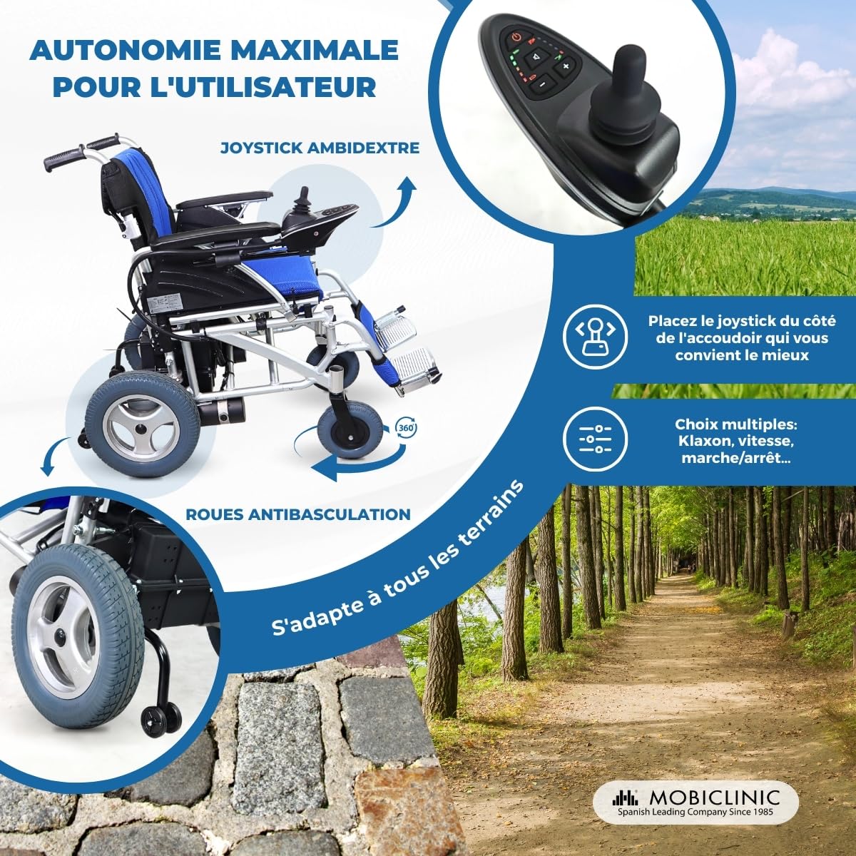 Mobiclinic®, Fauteuil roulant électrique lyra pliable, Autonomie 20 km, 2 batteries au gel 24v/200w*2, Aluminium, Ultra-léger, Poids, Jusqu'à 120 kg, Avec marche arrière, Joystick ambidextre