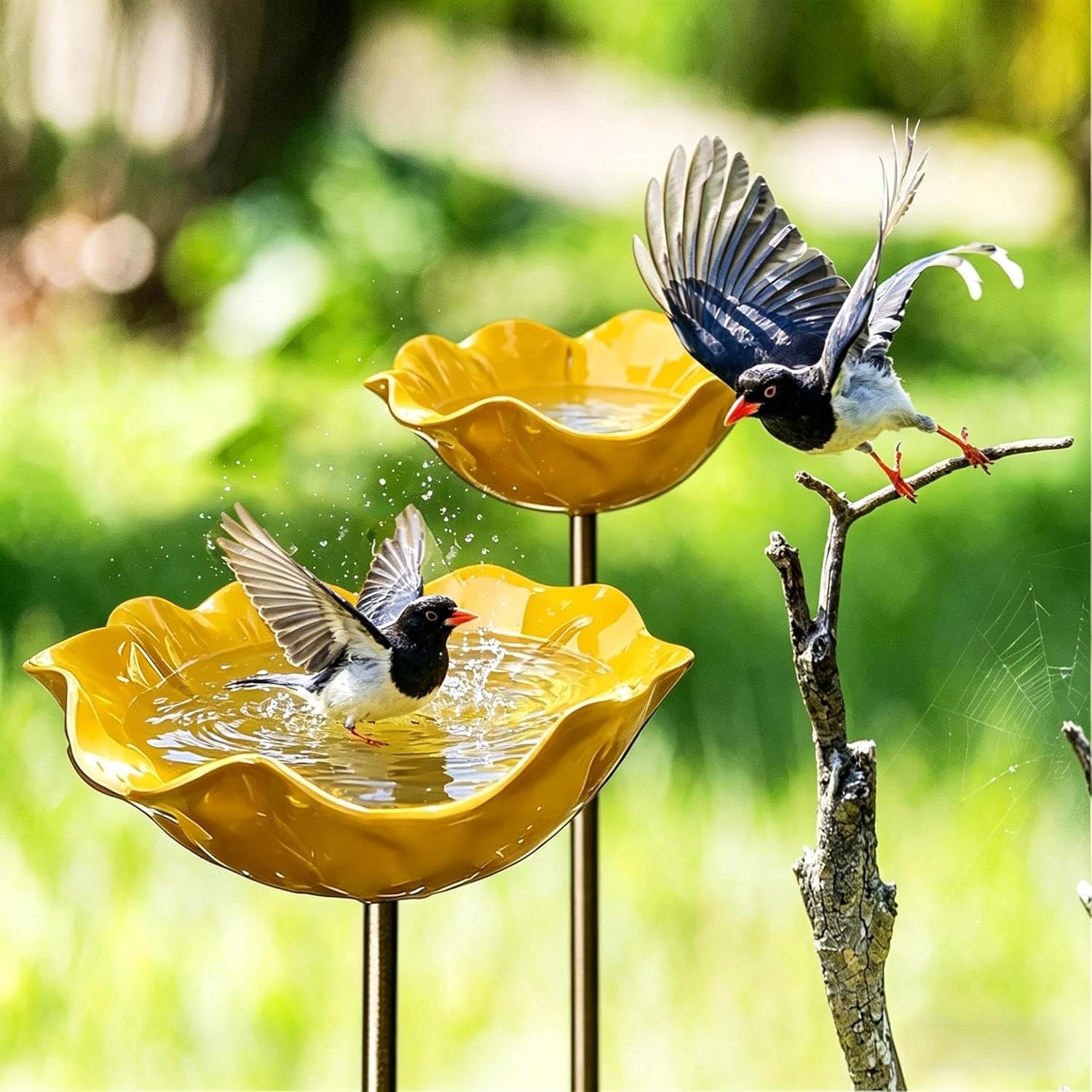 Handmade metal garden stake, outdoor watering station, red flower bird bath and bird feeders with metal stake, water feeder for garden yard lawn outdoor decoration (yellow)