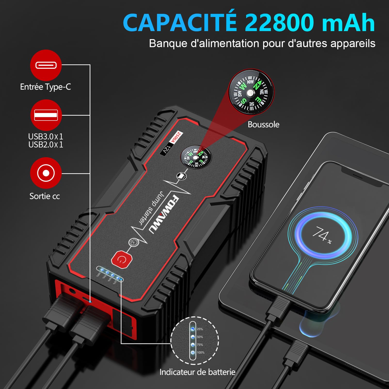 FOWAWU 2500A Booster Batterie Voiture,Démarre Moteurs 8L Ess/6,5L Diesel