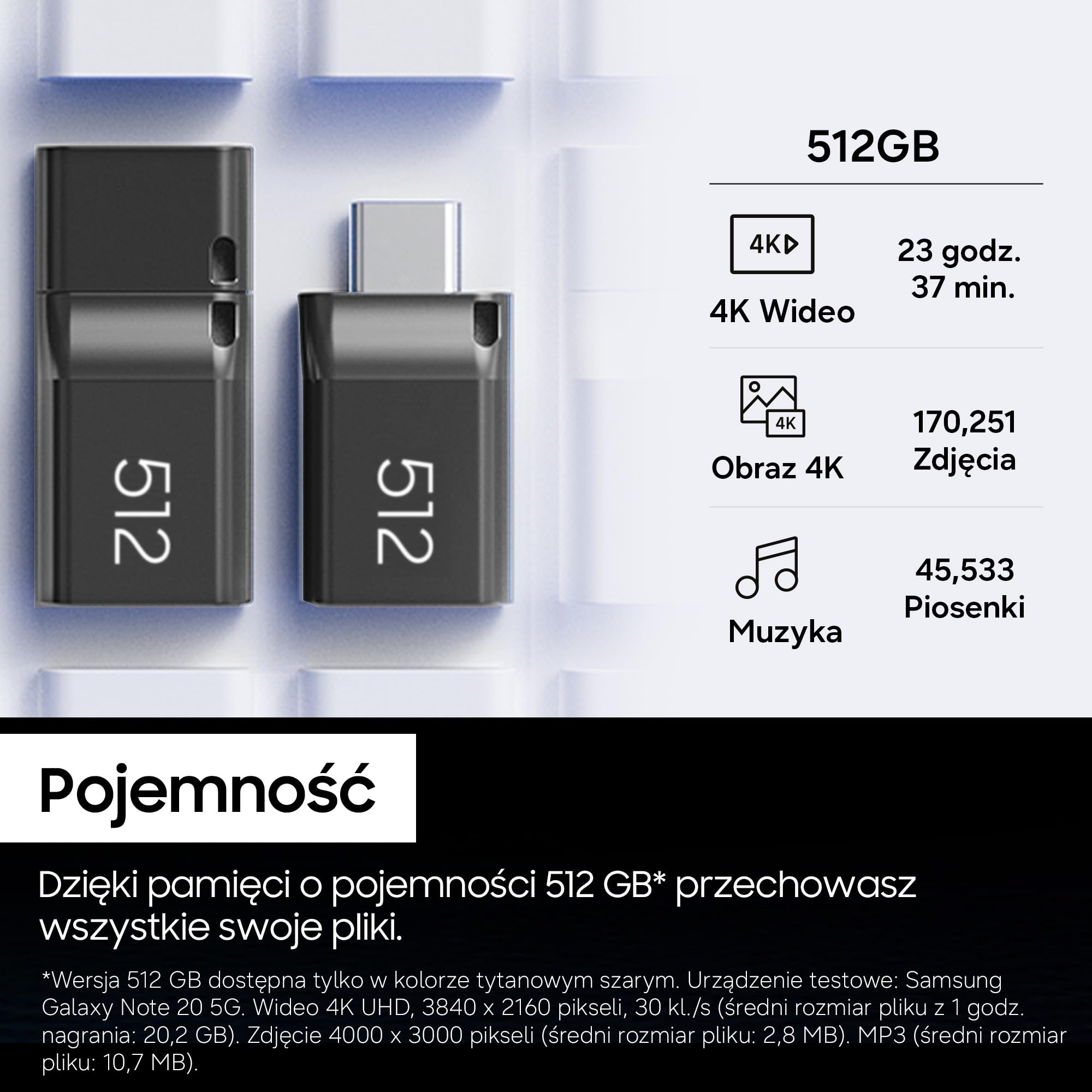 Pendrive Samsung, USB-C, 512 GB, prędkość odczytu 400 MB/s, prędkość zapisu 110 MB/s, pamięć flash USB 3.2 Gen1 do notebooków, tabletów i smartfonów, tytanowy szary, MUF-512DA4/APC