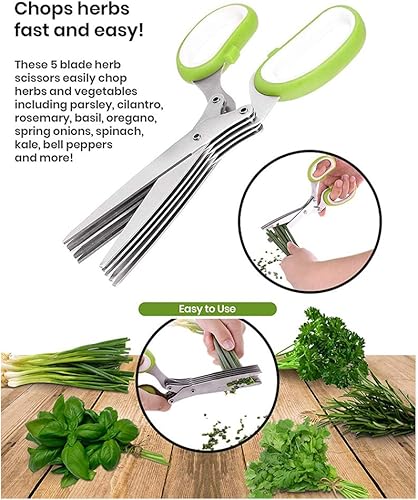 Miniatura 4 de Juego de tijeras para hierbas con 5 cuchillas de acero inoxidable, cubierta segura y peine de limpieza, tijeras multiusos para cortar cocina,