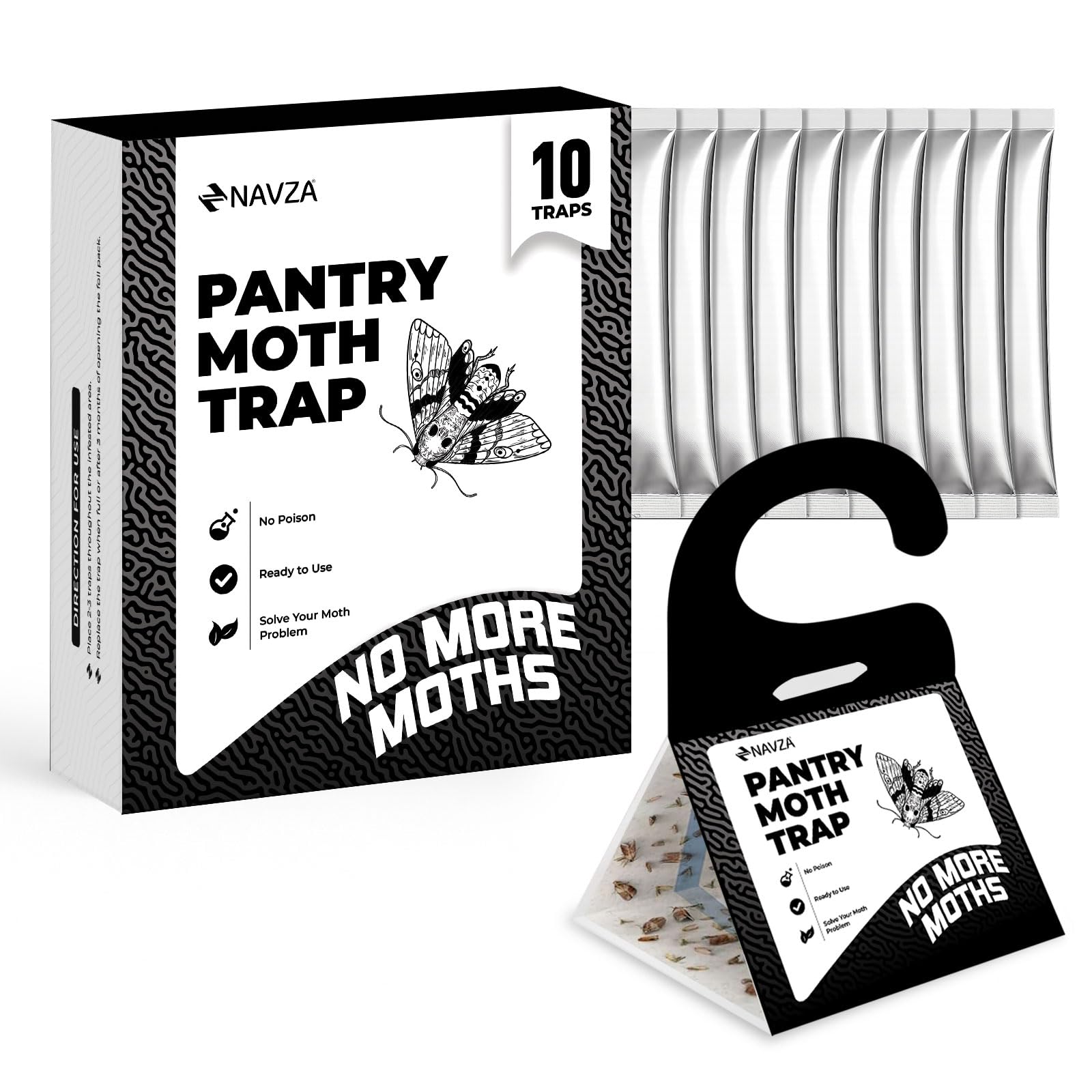 NAVZA Premium Clothes Moth Traps – 10 Pack Strong Pheromone Sticky Traps for Wardrobes, Drawers, Carpet & Clothes Storage Areas – Odourless & Pet Safe Moth Trap Indoor Solution