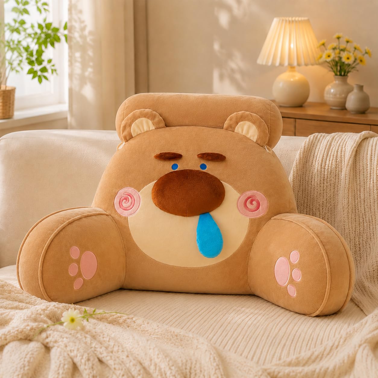 Azmaht Brown Bear Cuddle Cushion Reading Pillow In Soft Plush And Pp Cotton, Washable Back Support Cushion, Cosy Support Pillow, Lounger Back Support Pillow For Adult Bedrest,,75X50cm