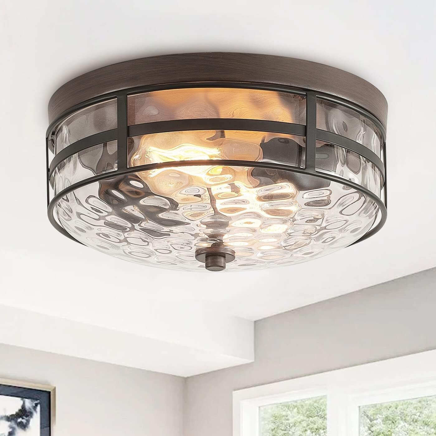 Vintage Black and Brown 2-Light Drum Flush Mount Stone Ripple Glass Style Light Fixture Iron Dimmable