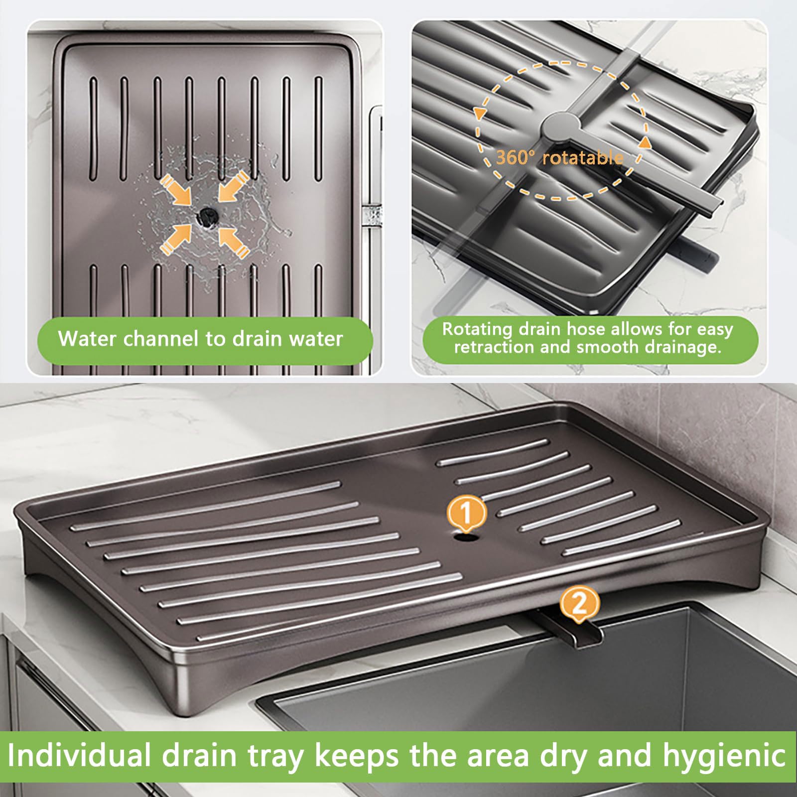 Escurridor de platos 46*31*23CM Escurreplatos Acero Inoxidable Cocina con Bandeja Recogegotas y Portacubiertos Secador Boquilla Giratoria 360° Ahorra Espacio Secaplatos para Encimera de Cocina