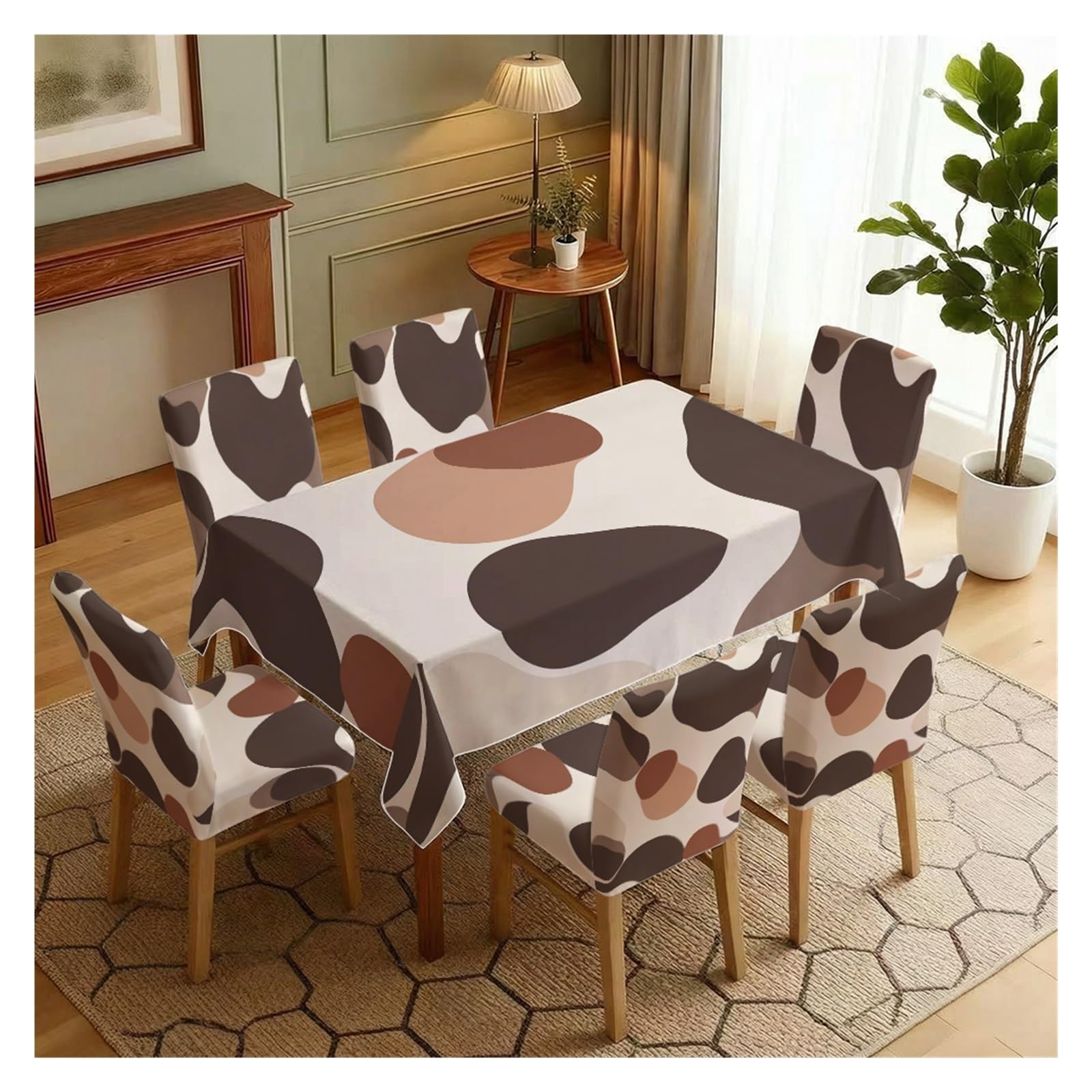 BOSUYBN Neutral Earth Tone Abstract Irregular Blob Dining Tablecloth & Chair Covers Set, 5/7 Piece Modern Minimal Boho Dining Room Home Decor Table Setting(7pcs Set: Tablecloth+Chair Covers)