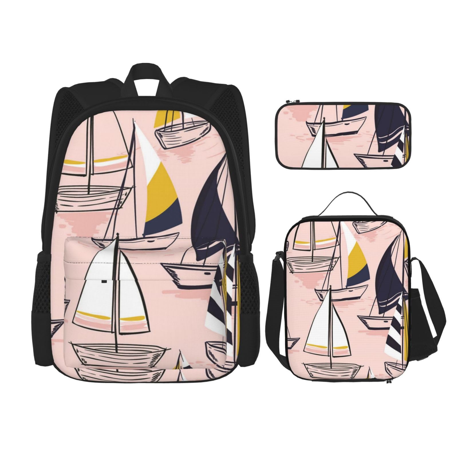 Sac à dos personnalisé Pink Sketch Sailing avec pochette pour les sorties du week-end