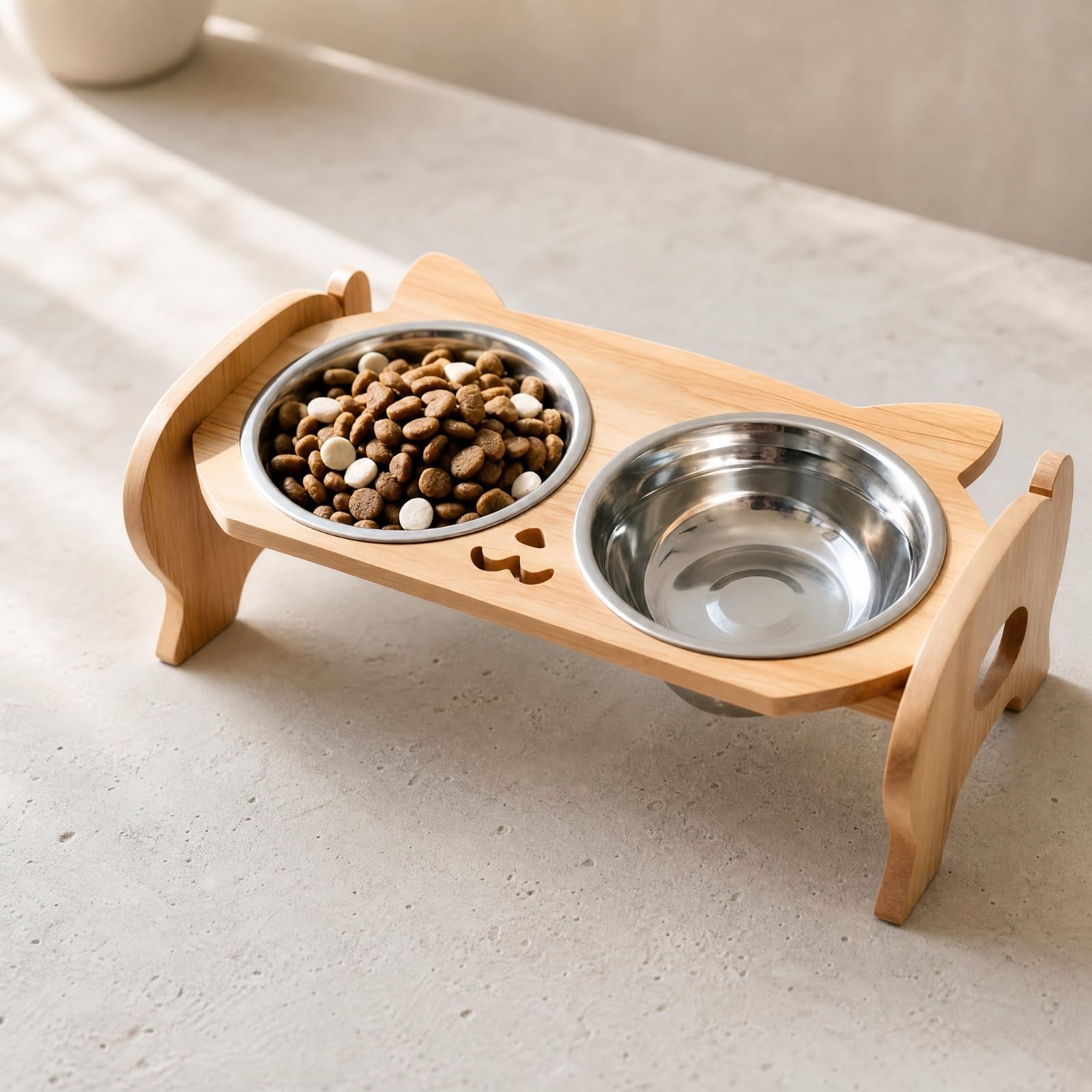 para Comederos Mascotas Fácil Limpiar Comedero Madera con Dos Recipiens Acero Inoxidable Estable para Casa