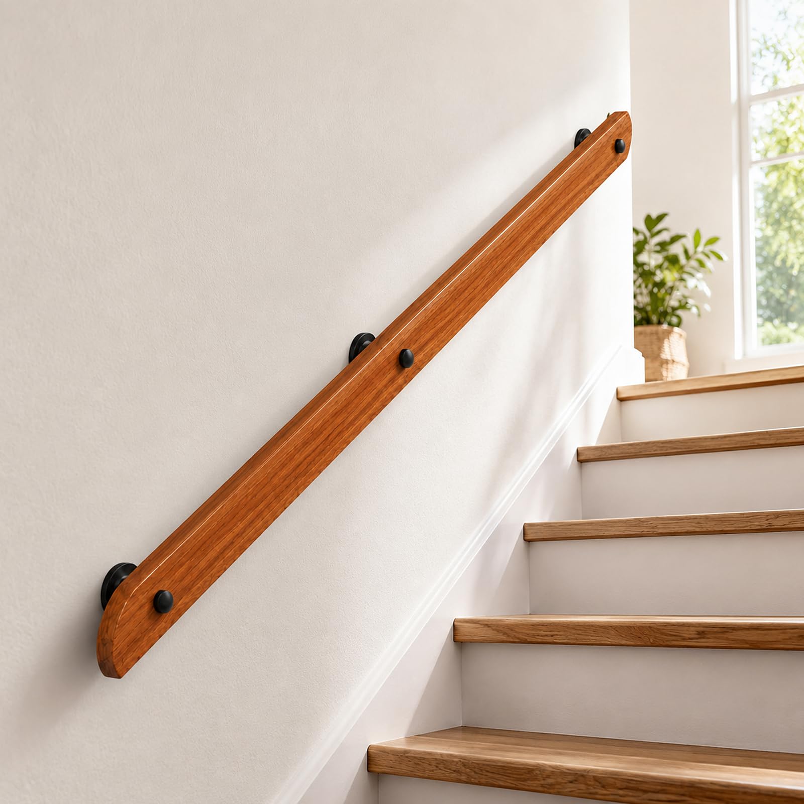 Wooden Handrails for Stairs, Non-Slip Stair Banister with Brackets