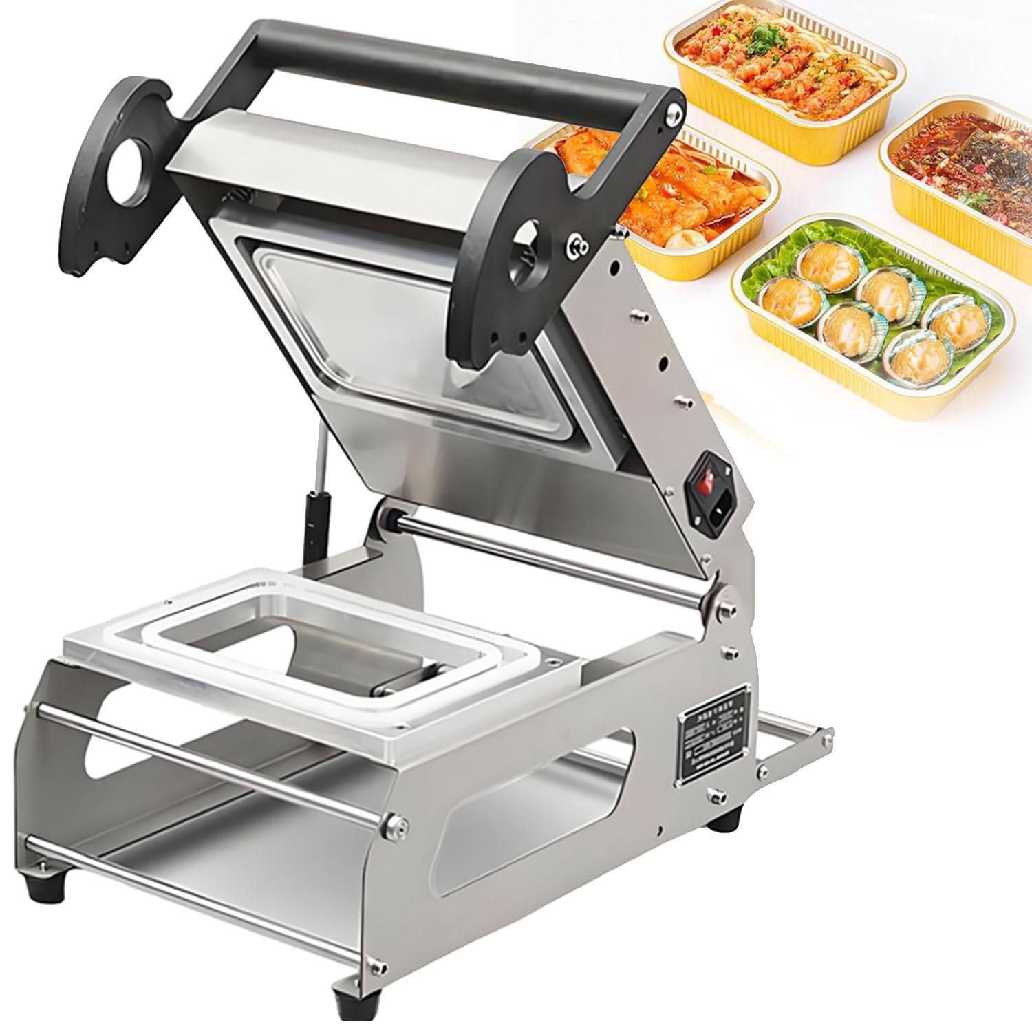 Macchina termosigillatrice per vassoi alimentari in acciaio inox, macchina manuale per confezionamento e sigillatura di alimenti, 7-8 cicli al minuto, ideale per ristoranti e attività di asporto.