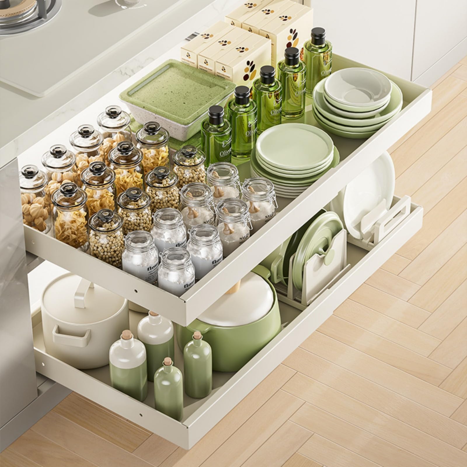 MAKIOTEKO Pull Out Cabinet Organizer Adhesive, 16.5" Deep Expandable Slide Out Drawers for Kitchen Cabinets Under Sink Pull-Out Home Organizers for Kitchen Pantry Storage Shelves