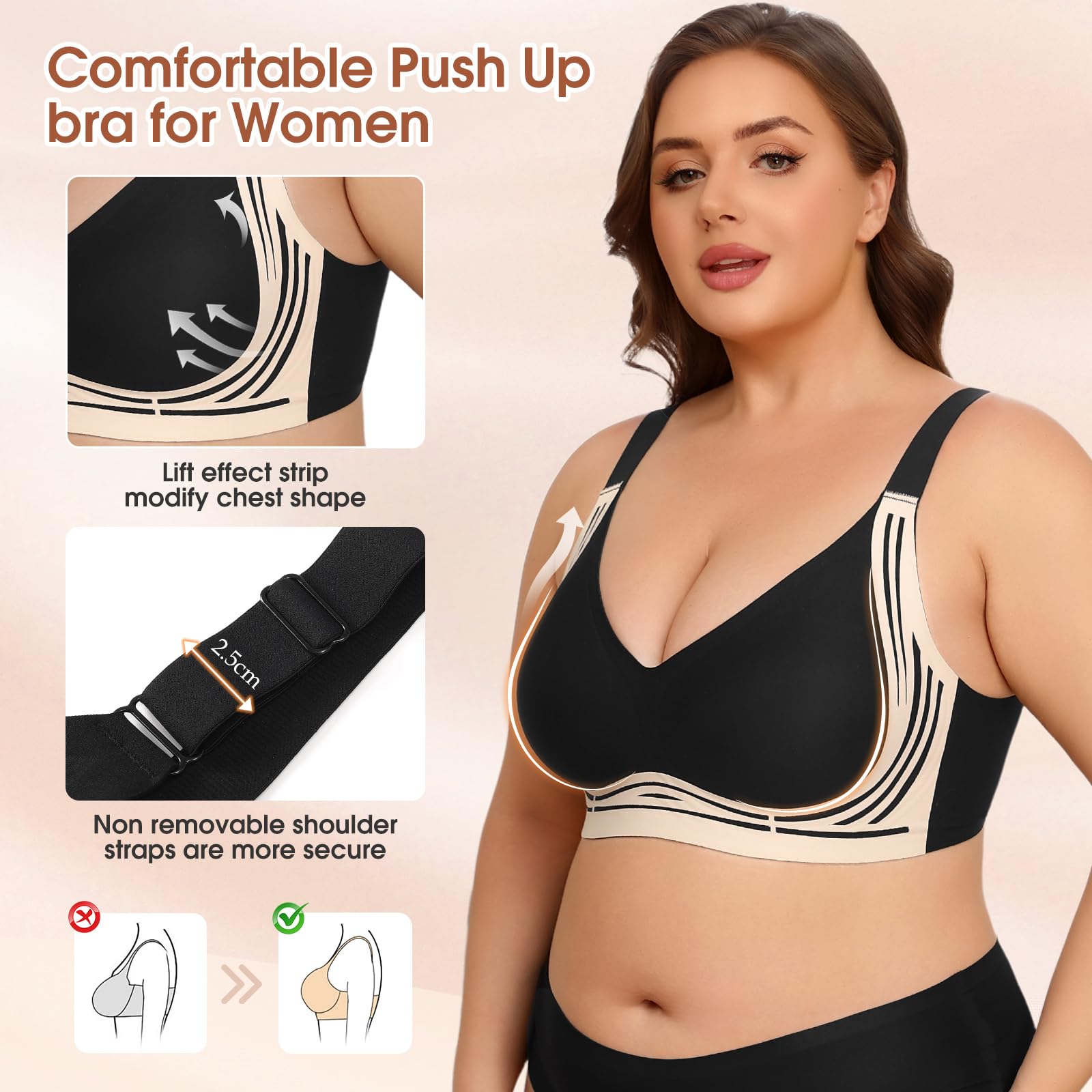 XJBTBA Biustonosze damskie Plus Size Biustonosz push-up bez fiszbin Pełne pokrycie Staniki podtrzymujące Wygodny bezprzewodowy biustonosz bez szwu Biustonosz damski na co dzień z wyjmowaną wyściółką