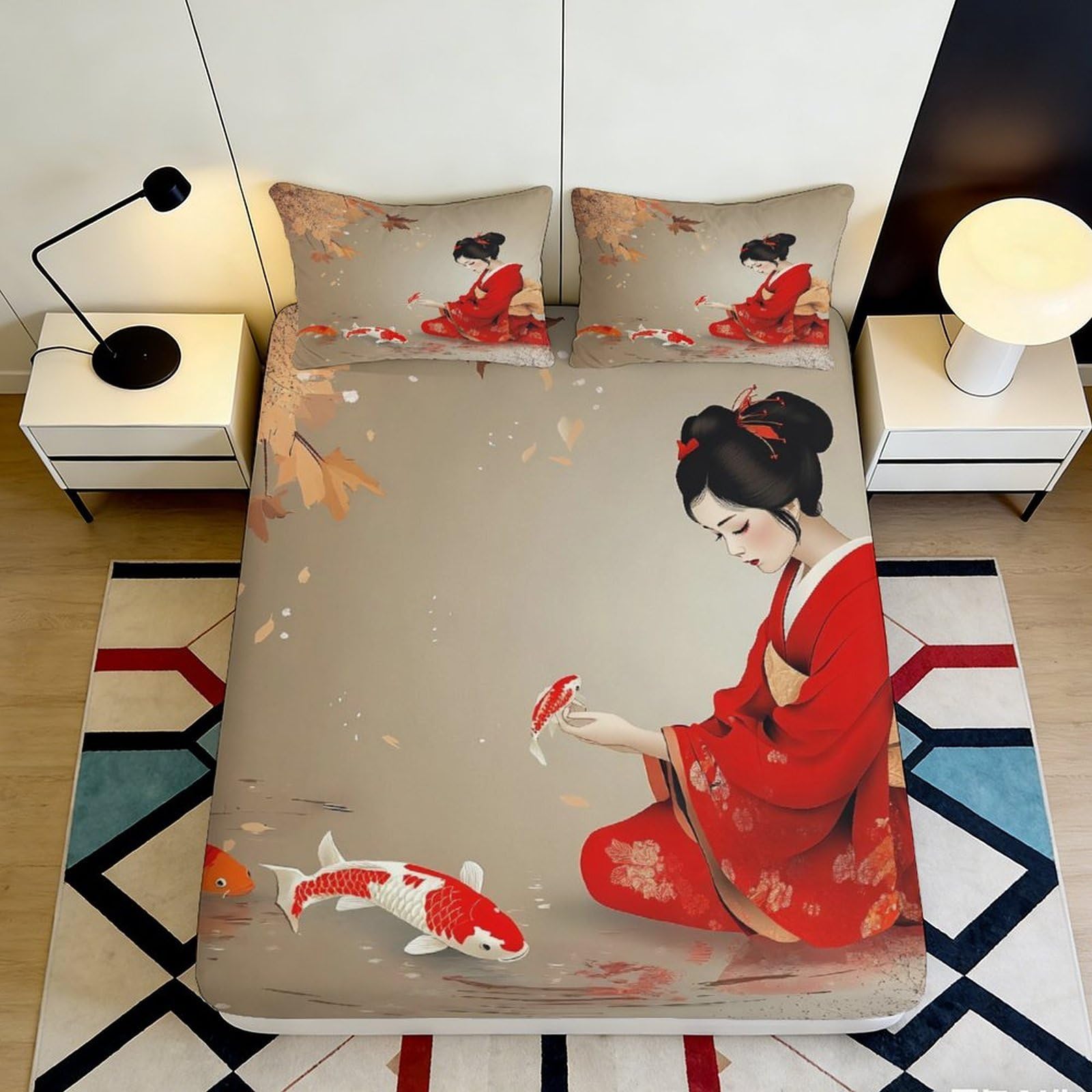 Pnayamiorkfel Style-4 3D Printed Japanese Geisha Fitted Sheet Microfiber Soft Breathable Koi Fish Bed Cover For Bedroom Guest Room Decor 90X200x25cm