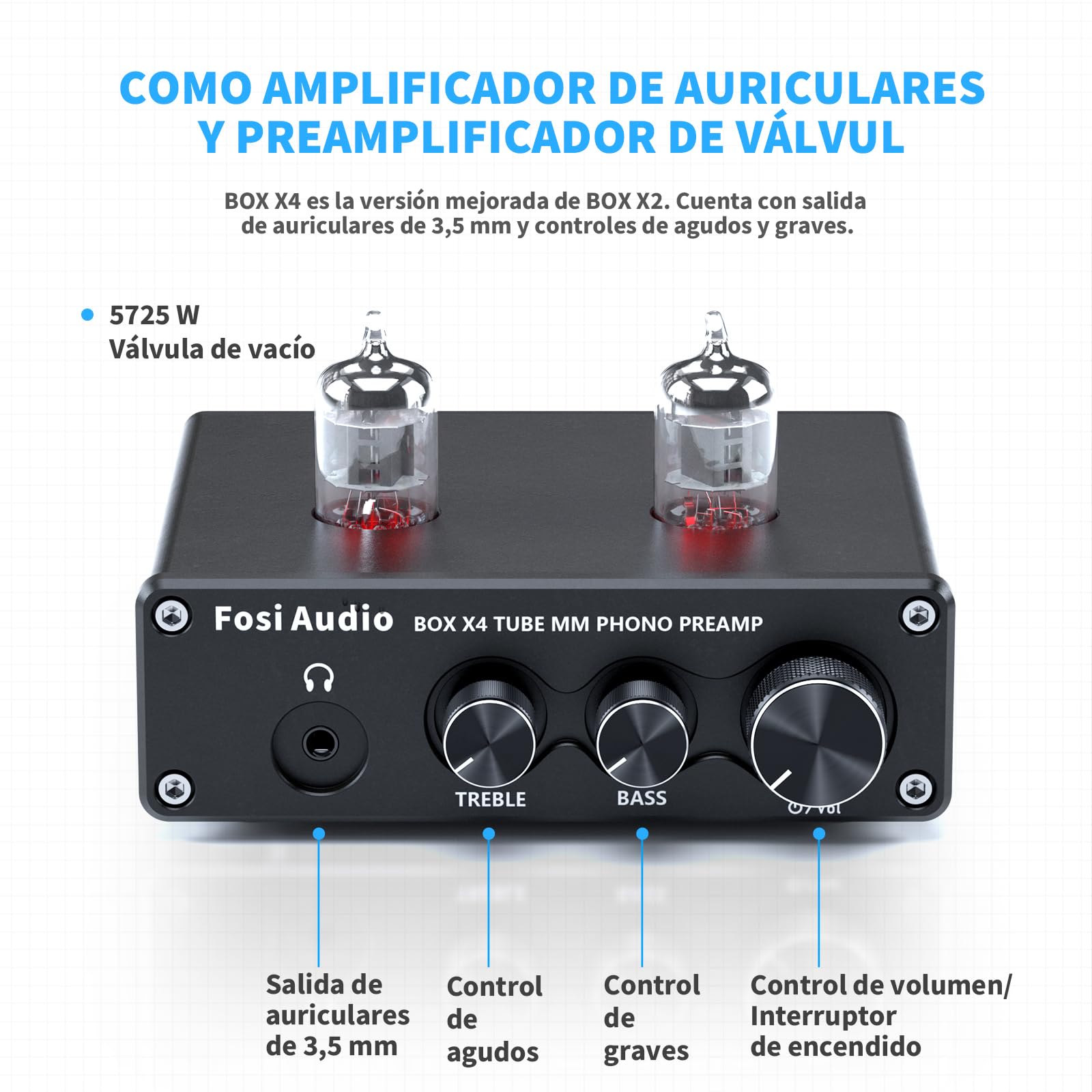 Fosi Audio Box X4 Phono Preamp Amplificador de Auriculares/Preamplificador Hi-Fi Pre Amp con 5725W Tubos de vacío para MM Tocadiscos Fonógrafo Tocadiscos con Control de Volumen Bass Treble