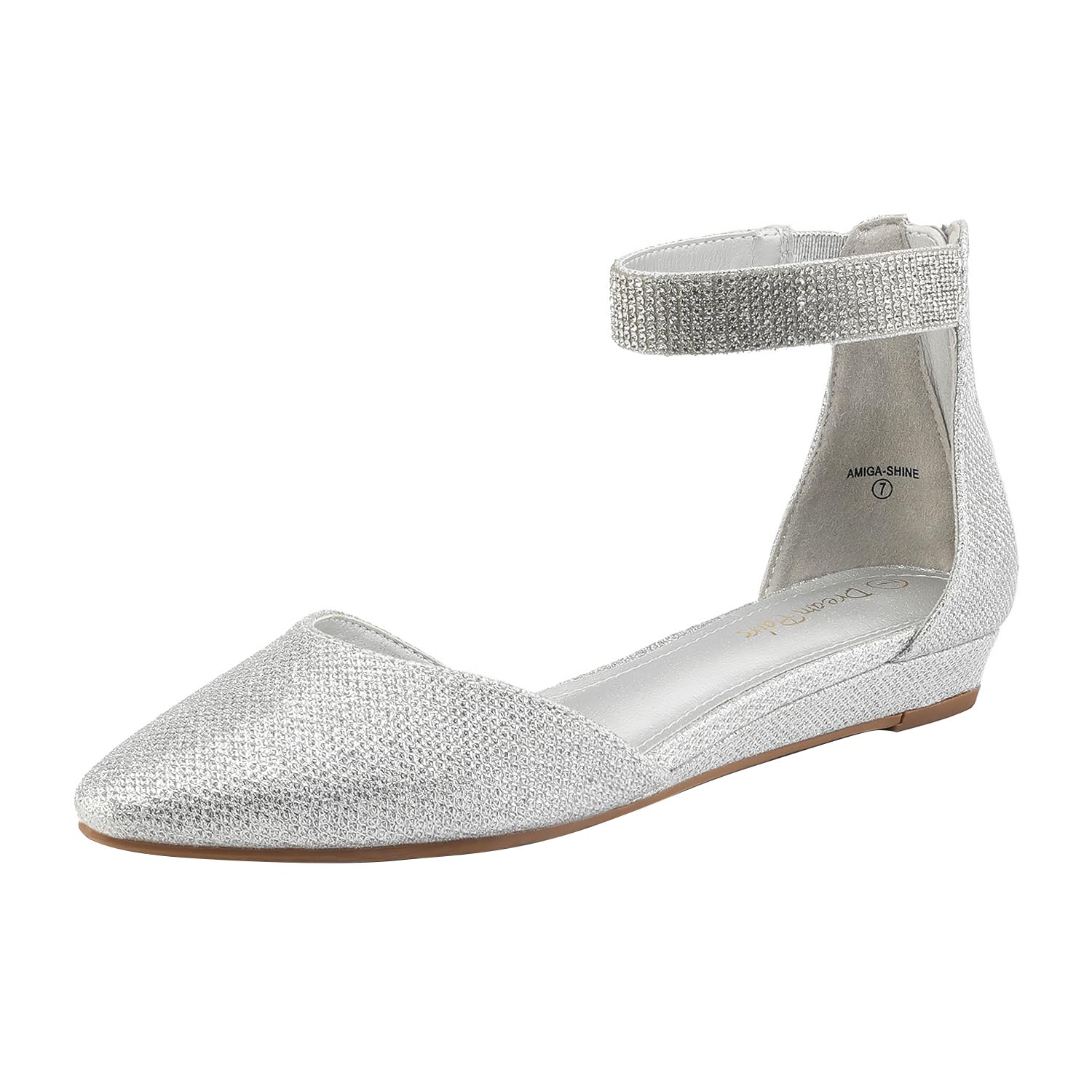 DREAM PAIRSWomen's Silver Glitter Low Wedge Ankle Strap Flats Shoes Size 11 M US Amiga Shine