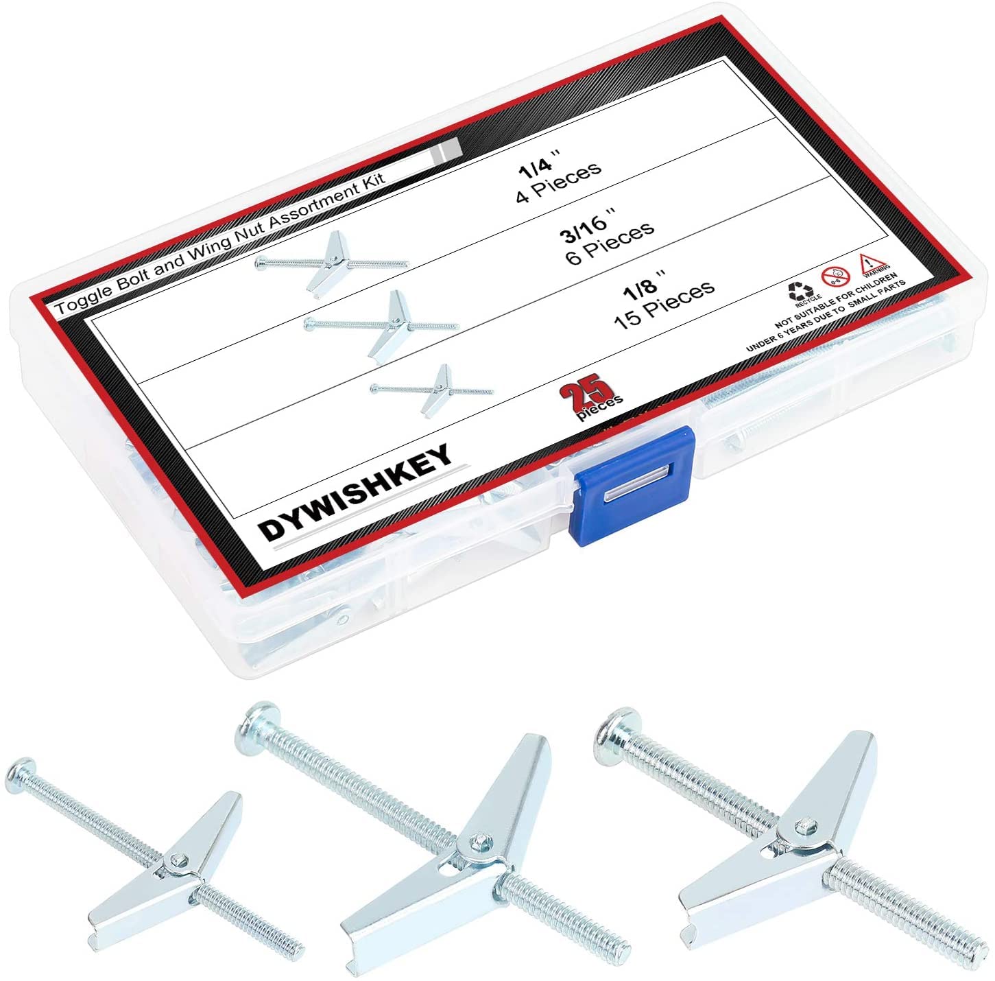 DYWISHKEY 25 Pieces Toggle Bolt and Wing Nut Assortment Kit, 1/4" 3/16" 1/8" for Hanging Heavy Items on Drywall