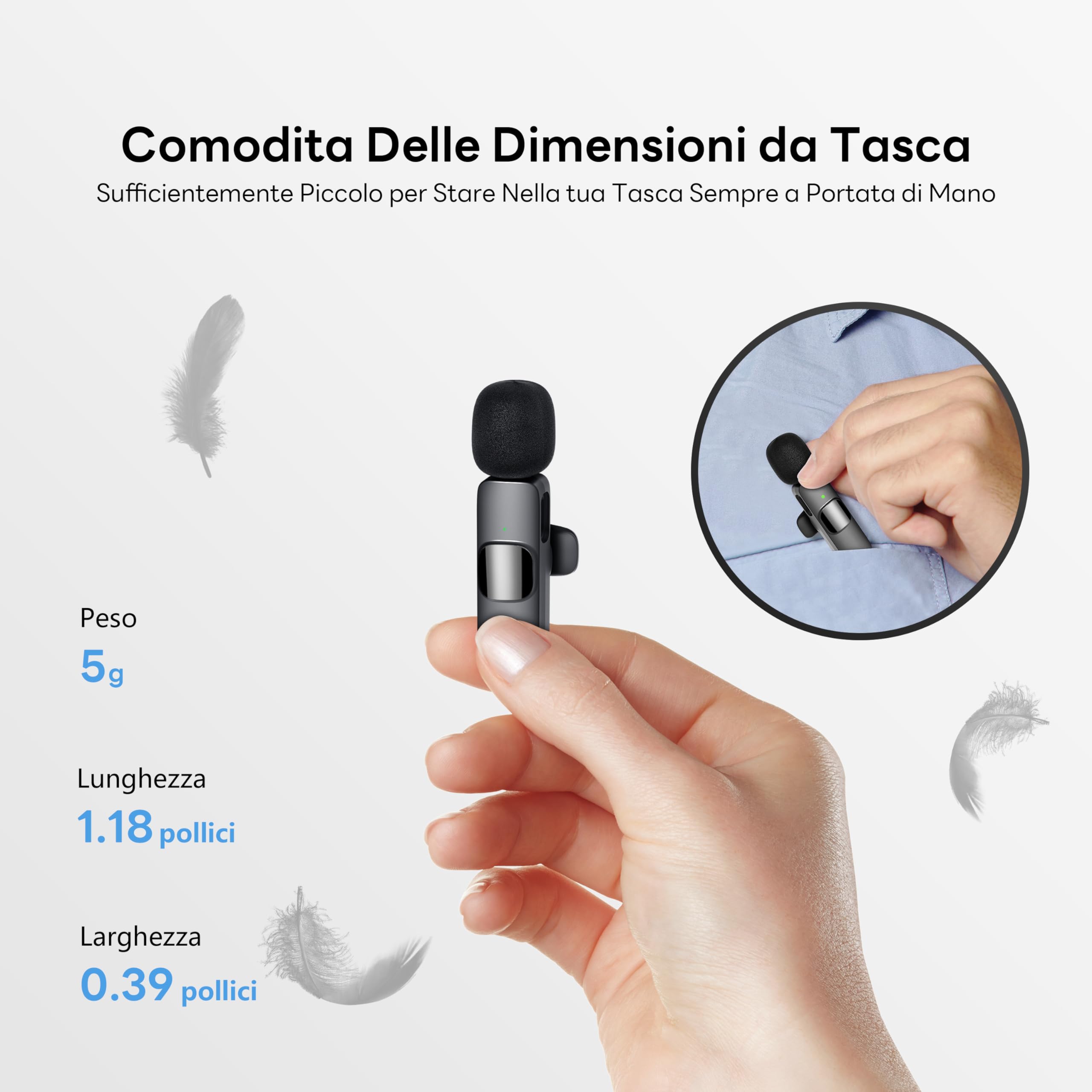 Microfono Wireless Lavalier per iPhone/Android/PC, Batteria 10 Ore, Cancellazione del Rumore, Microfono a Spillo Plug & Play per YouTube, Vlogging, Podcast, Interviste