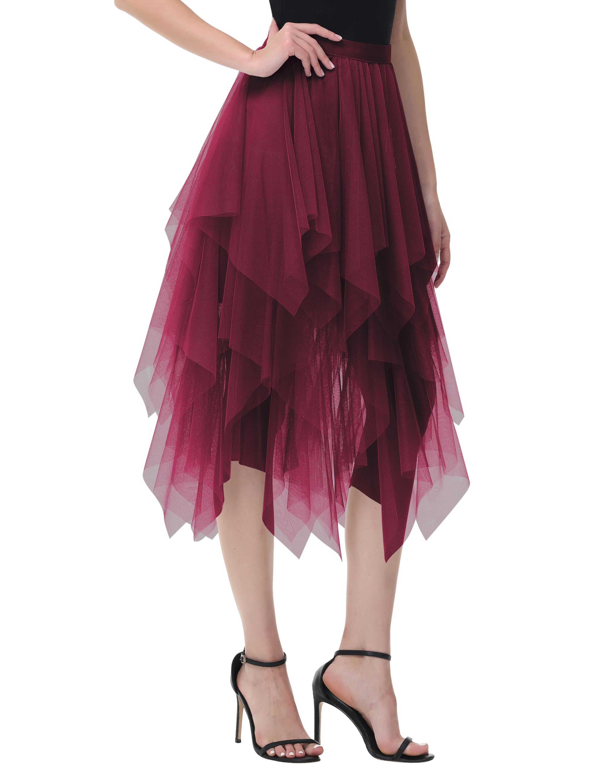 Damen Tüll Röcke High Low Layered Faltenrock Midi Rock Asymmetrisch Karnevalsrock Elegant Weich Knielang Puffy Fee Röcke