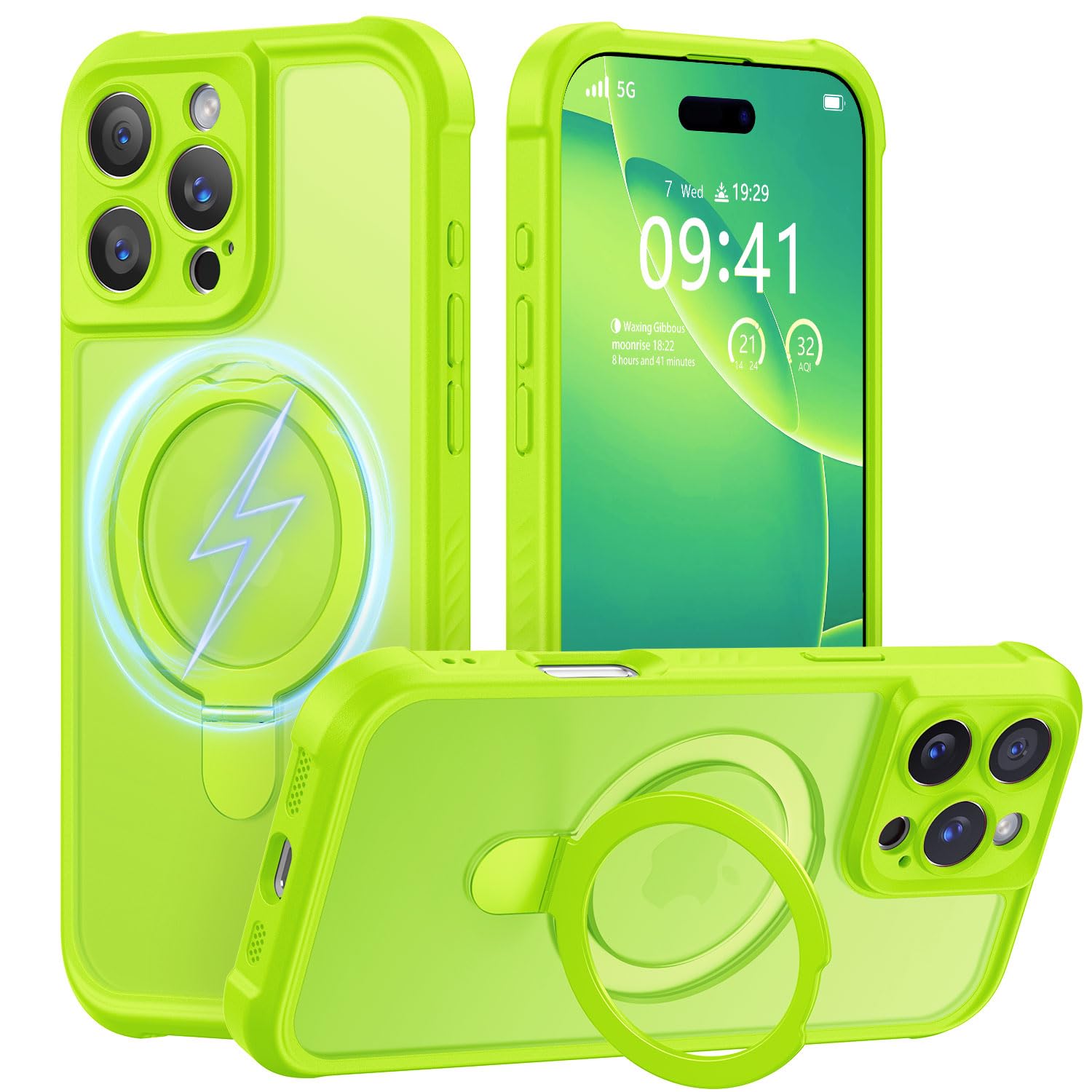 MOCCA Design for iPhone 16 Pro Max Case with Magnetic Invisible Stand [Full Camera Protection] [Compatible with Magsafe] Military Drop Shockproof Translucent Matte Case Cover 6.9",Fluorescent Green