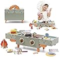 Wooden Kids Grill Playset with Play Kitchen Accessories| Pretend Play Toys for Toddlers 3-5, Cooking BBQ Play Food Toy f